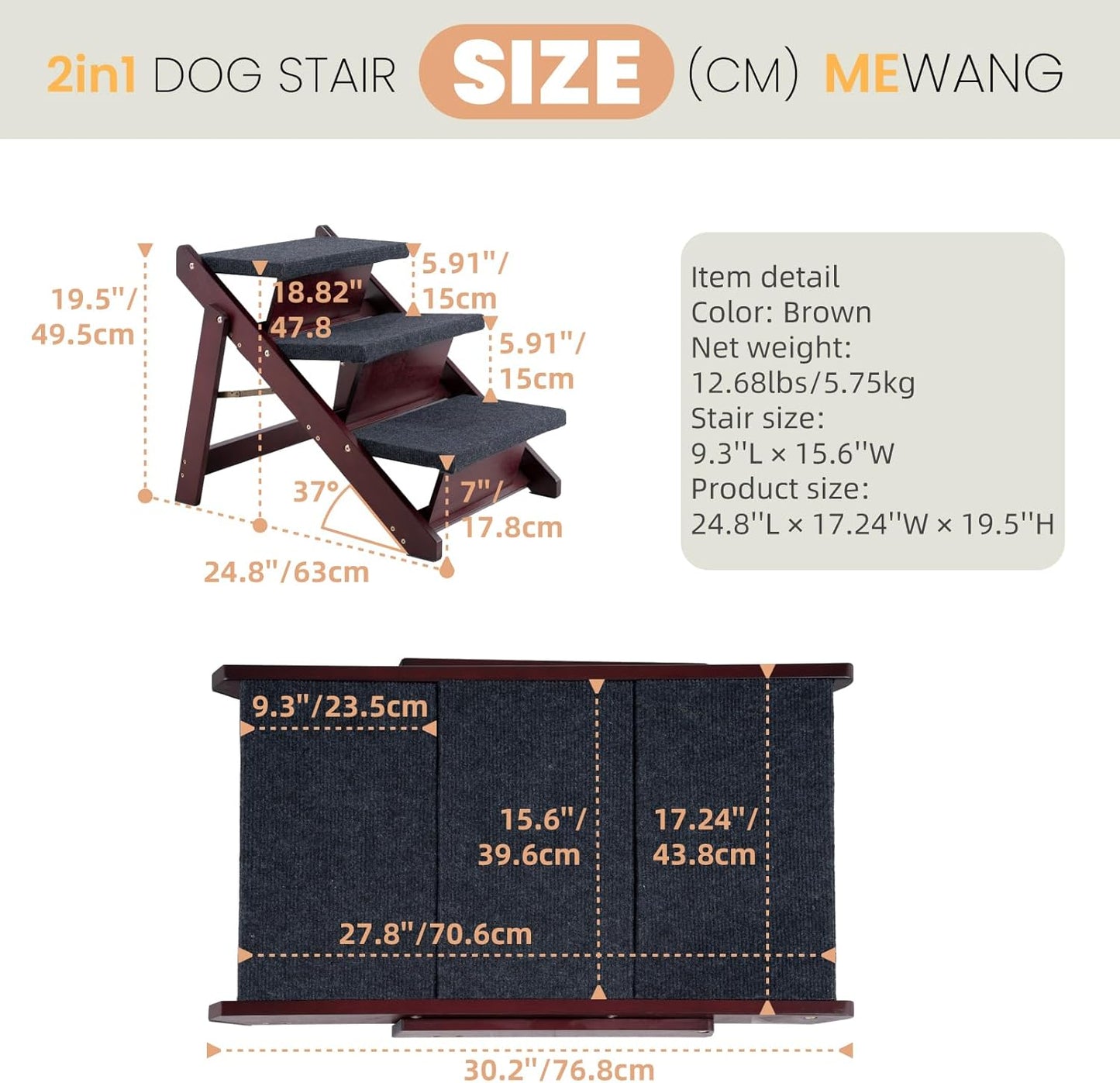 MEWANG Wooden Pet Stairs/Pet Steps - 3-in-1 Foldable Stairs & Ramp for Beds and Cars - Portable Dog/Cat Ladder Up to 220 Pounds - Great for Small and Older Animals(Brown) (24.8" L x 17.2" W x 19.5" H)