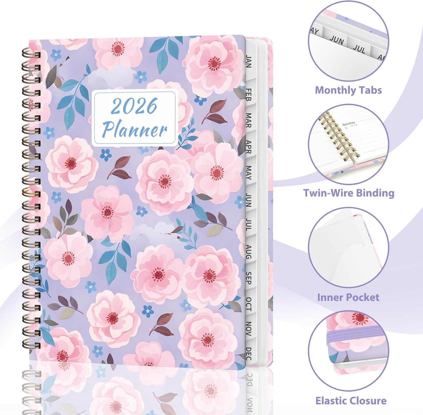 2026 Planner, Weekly and Monthly Calendar Planner , Jan 2026 - Dec 2026, Hardcover Calendar Planner with Tabs, Spiral Bound, Inner Pocket, Agenda Notebook for Office School Supplies, 6.2" x 8.5" - Pink Blossoms