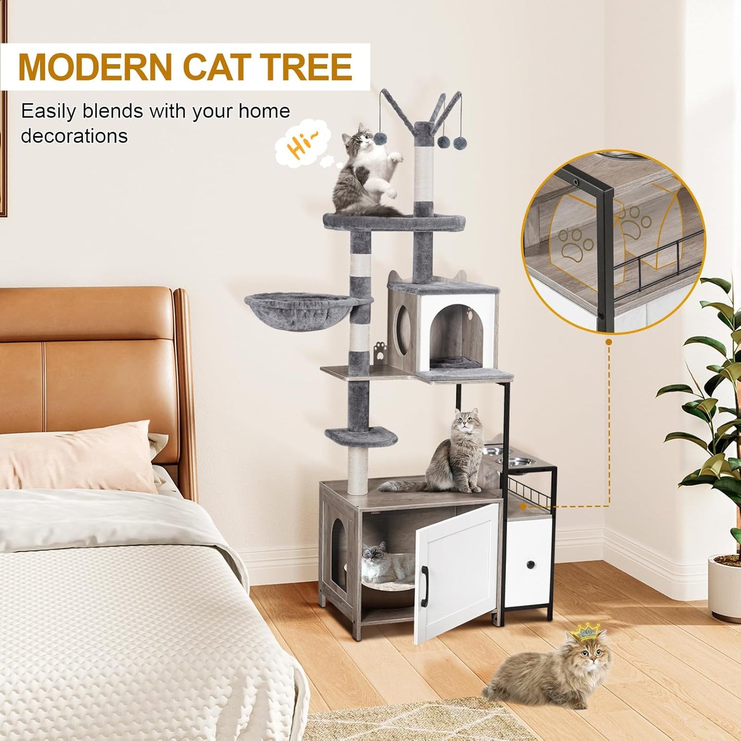 Snughome Cat Tree with Litter Box Enclosure, 3-in-1 Modern Cat Tower for Indoor Cats, 67.32’’ Hidden Cat Litter Box Furniture with Cat Condo, Food Station and Hammocks, All-in-one Cat Furniture