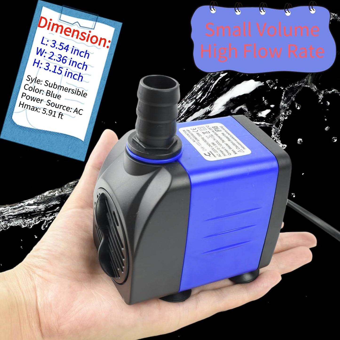 Conquerall CHA-1000 1200L/H AC 110V 310GPH Submersible Pump 20W Durable Adjustable Water Pump Head 5.91ft High for Aquariums, Employees, Garden Fountains,Hydroponics Systems and Pet Fountains