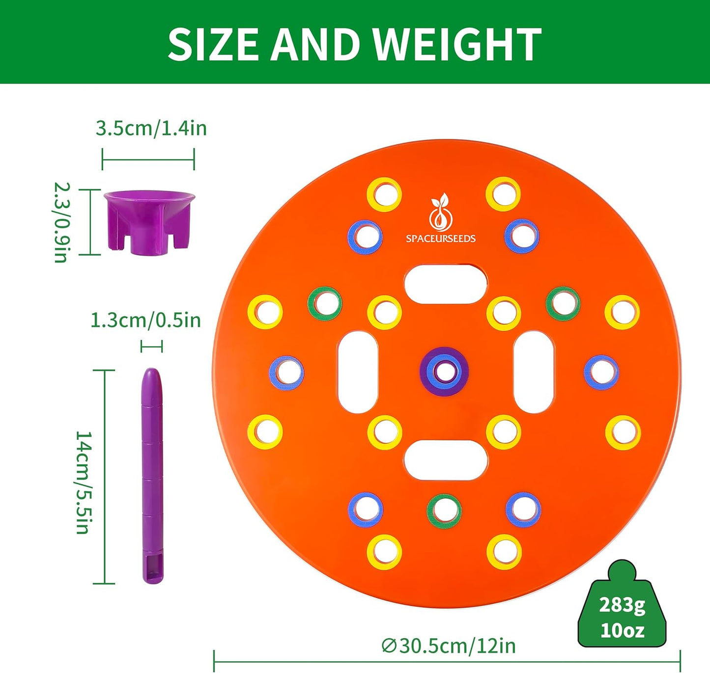 Round Seed Planting Template – Patented Color-Coded Garden Spacing Tool Kit with Seed & Seedling Spacer, Dibber with Seed Spoon & Laminated Vegetable Growing Guide