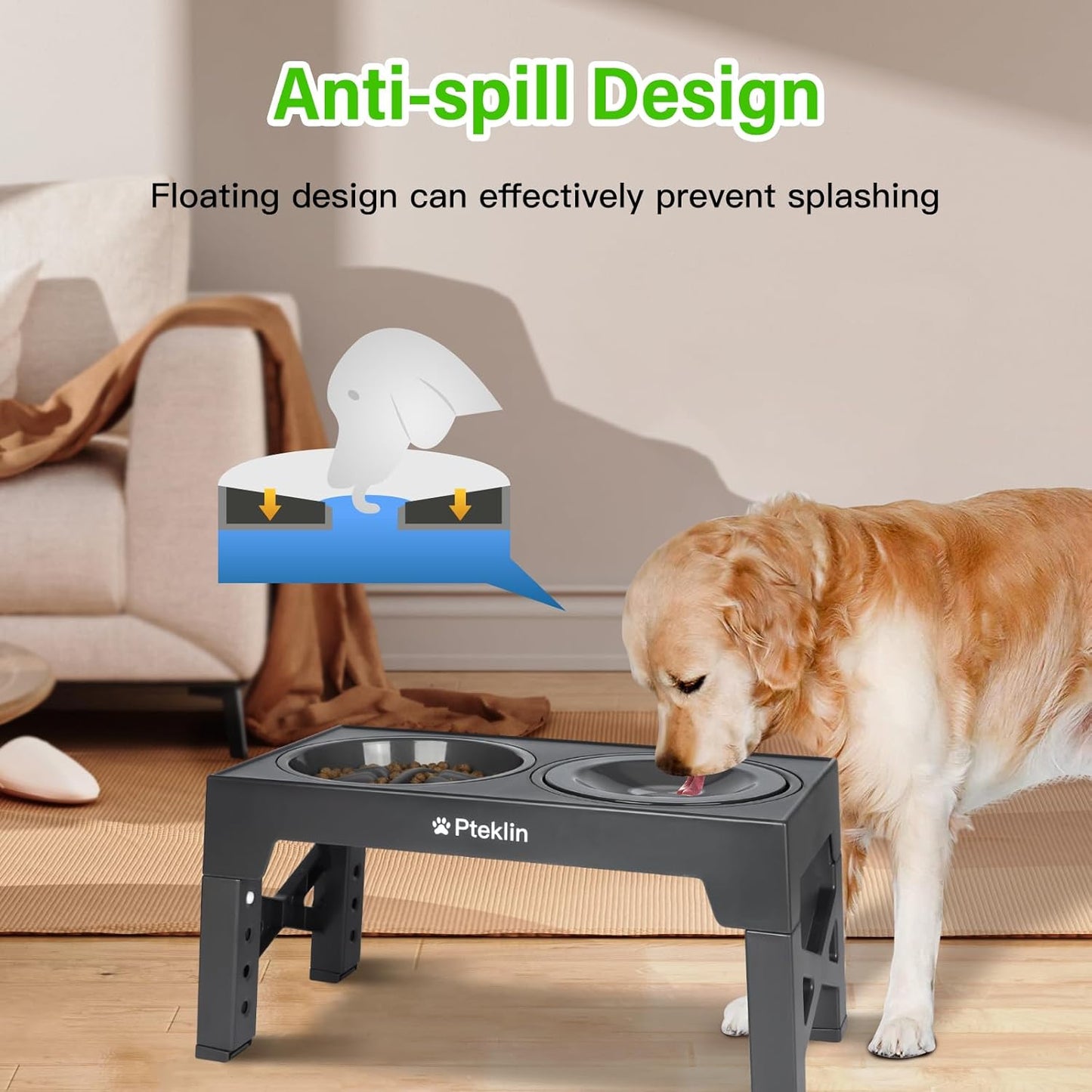 Elevated Dog Bowls, 5 Height Adjustable Raised Bowl with Anti Spill Non-Skid No Shaking Water Bowl and Slow Feeder Dog Bowls Stand for Small Medium Large Dogs