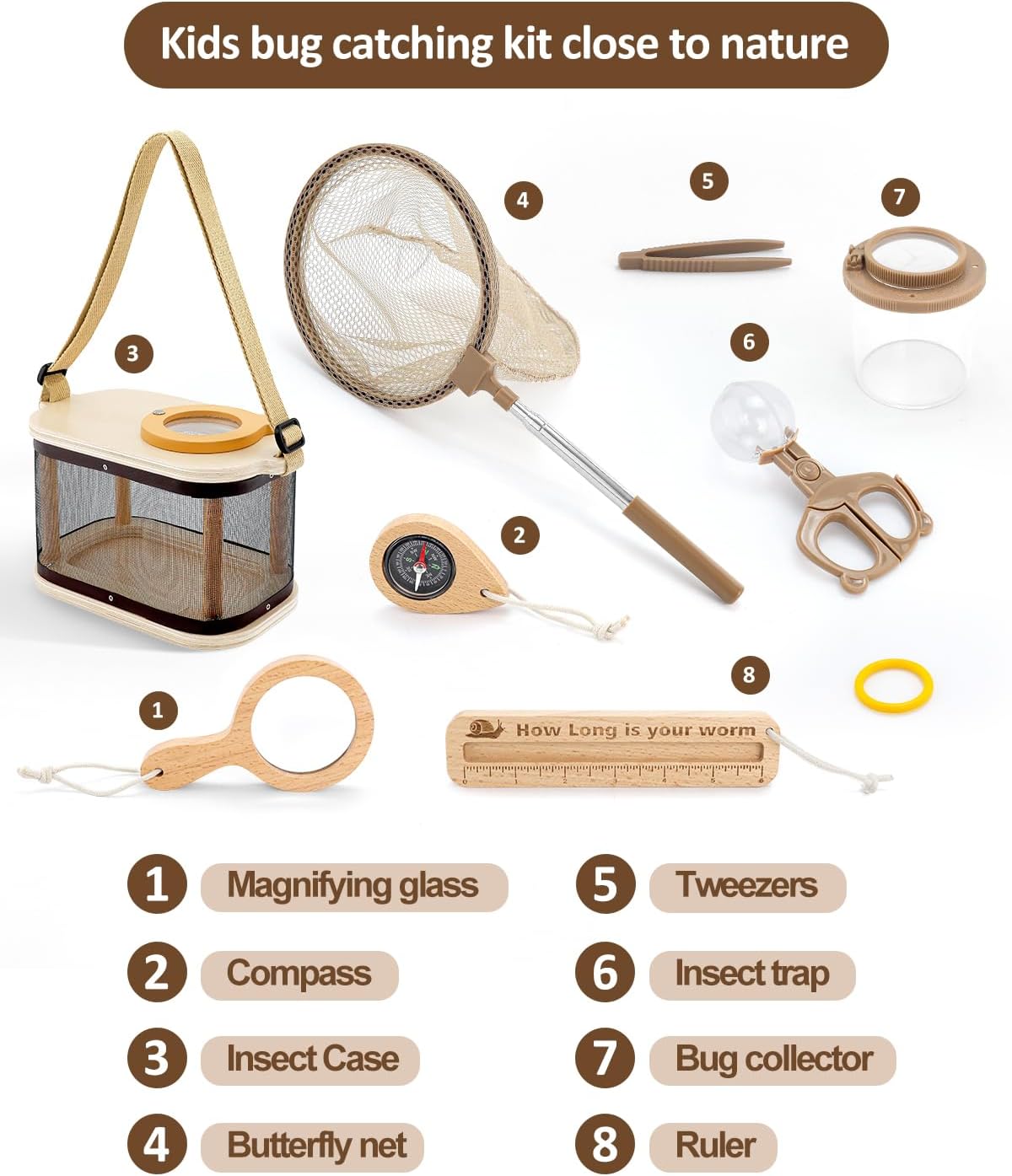 Wooden Bug Catcher Kit for Kids, Outdoor Explorer Nature Discovery Set with Butterfly Net, Bug Habitat & Magnifying Glass, Backyard Camping Outdoor Toys, Ages 3–12, Also Suitable for Toddlers