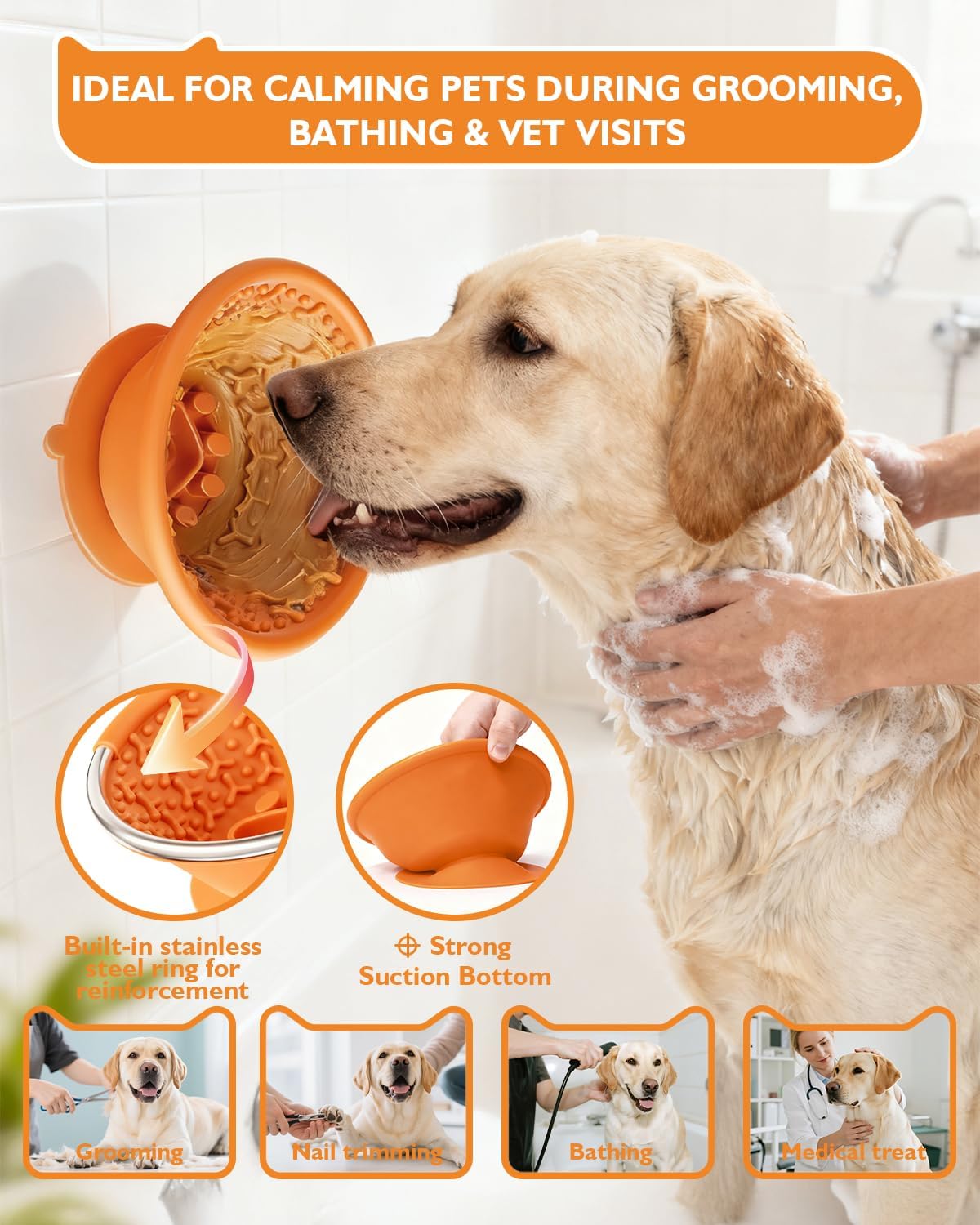 Dog Lick Bowl, Non-Slip Slow Feeder Licking Mat & Treat Dispenser (Wide Bowl Mouth w/Inlaid Stainless Steel Ring) - Interactive Toys, Anxiety Reducer, Freeze Bone for Dogs, BPA Free Silicone