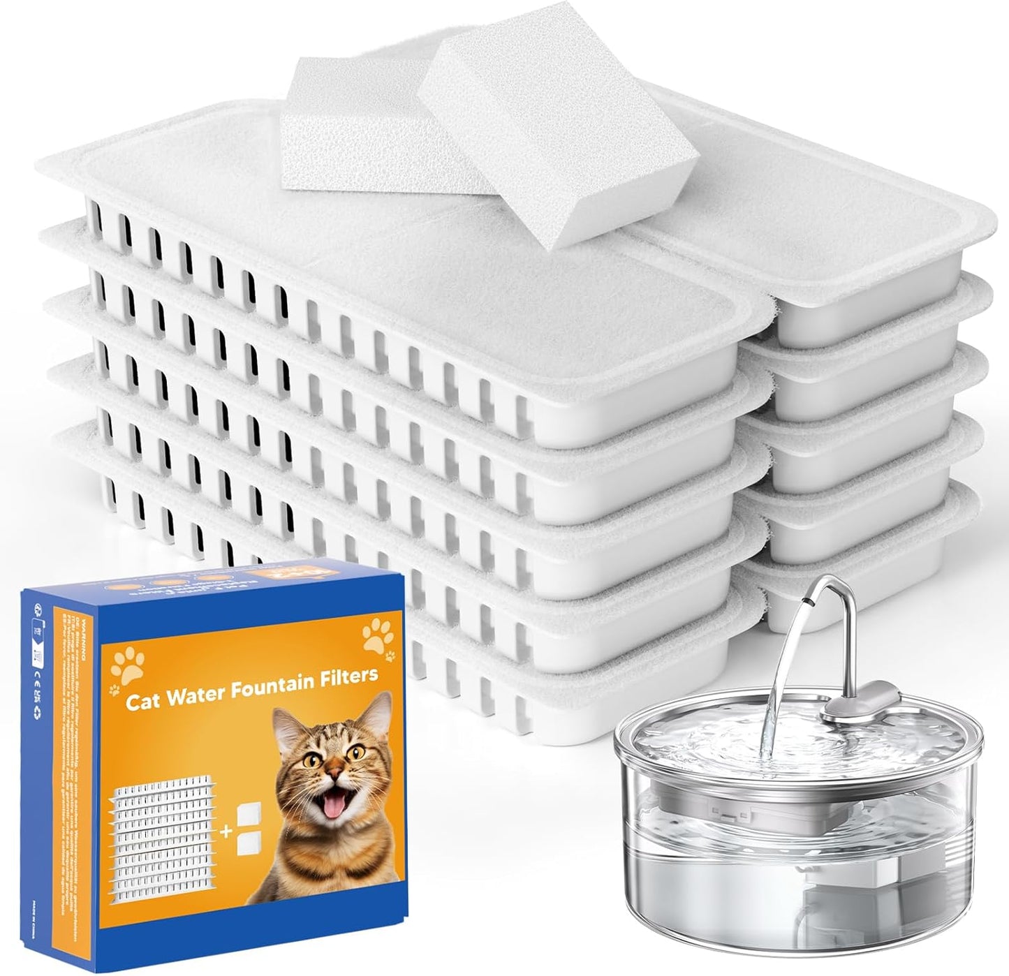 Official Tomxcute Cat Water Fountain Replacement Filters - 10+2 Pack for 3.2L Glass Pet Water Fountain, Three-Layer Filtration Replacement Filter, Compatiable with Fountain Model P11G-White