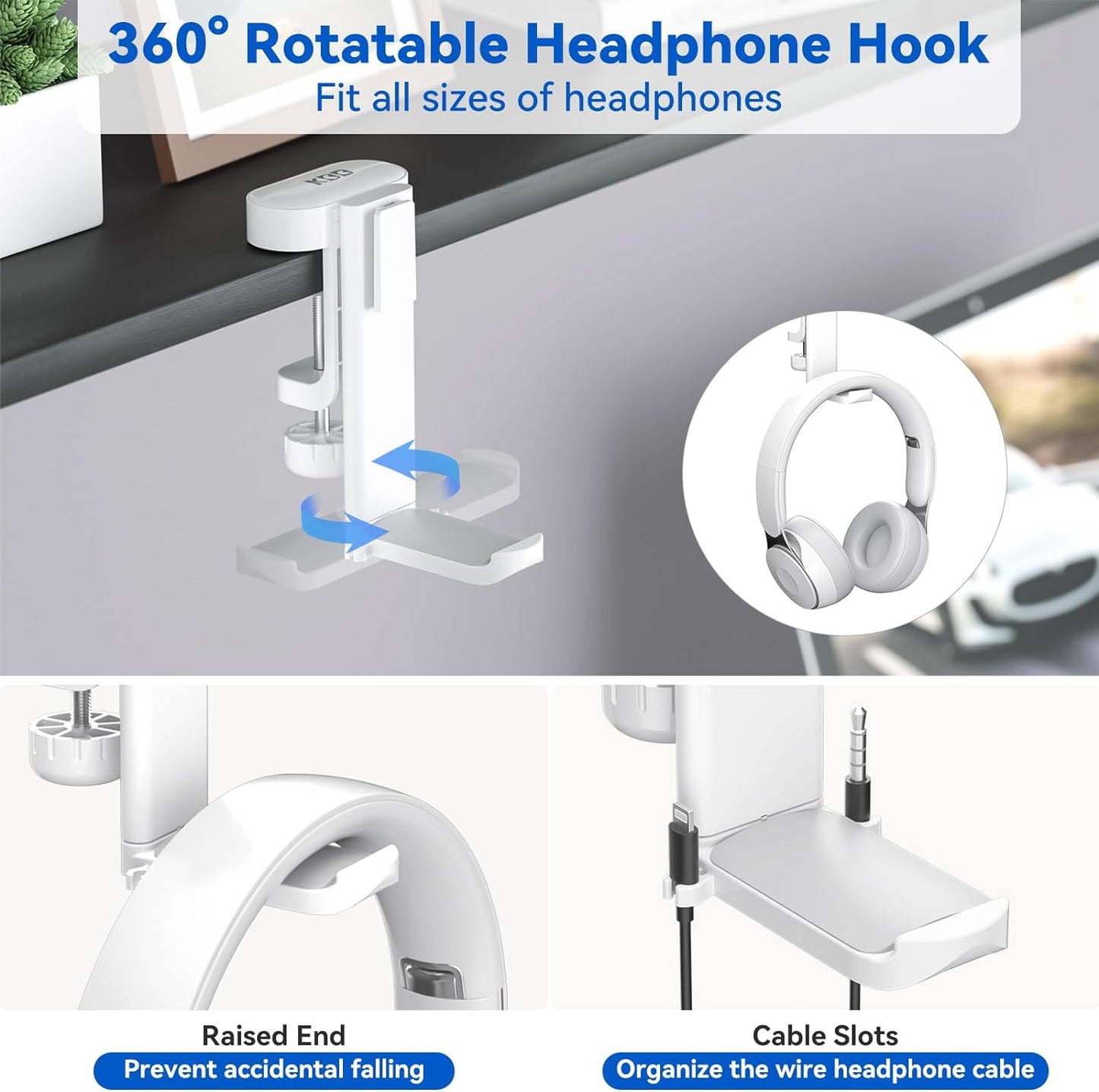 KDD 4-in-1 Desk Organizer - Under Desk Cup Holder and Headphone Hanger with 2 Wire Holes - Rotating Hanger and Detachable Storage for Cup, Phone and Pen (White)