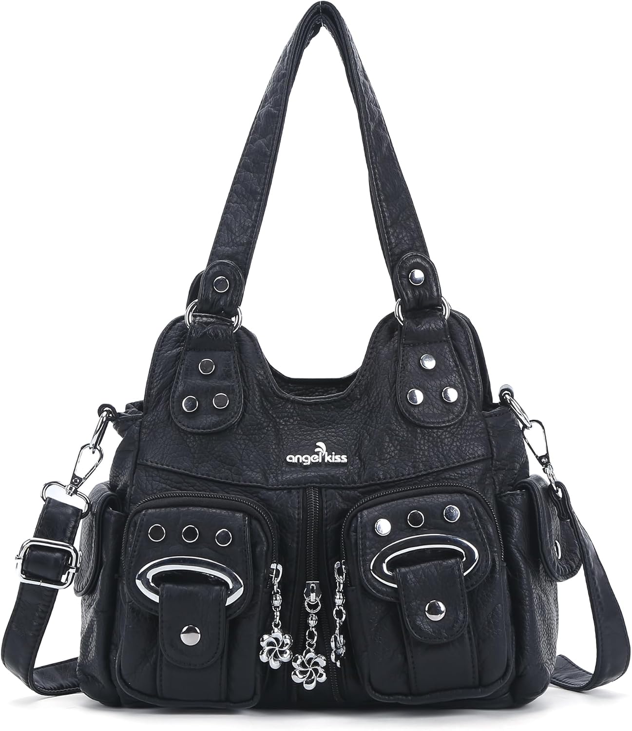 Angel Kiss Small Hobo Purses for Women, Washed Vegan Leather Multi-Pocket Purse, Shoulder Handbag with Adjustable Strap