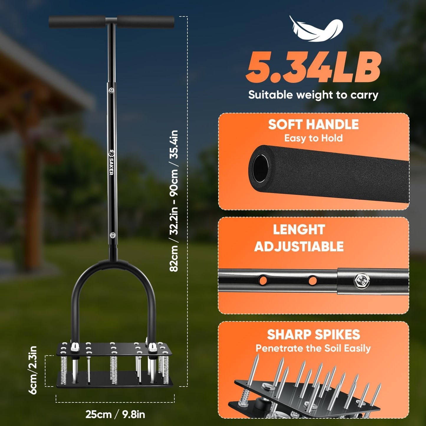 Saker Manual Lawn Aerator Tool with 15 Iron Spikes Adjustable Height, Double-Layer Spring, Heavy-Duty Iron Lawn Aerator Tool with Gloves for Loosening Soil Aerating Patio, Yard, Garden Black