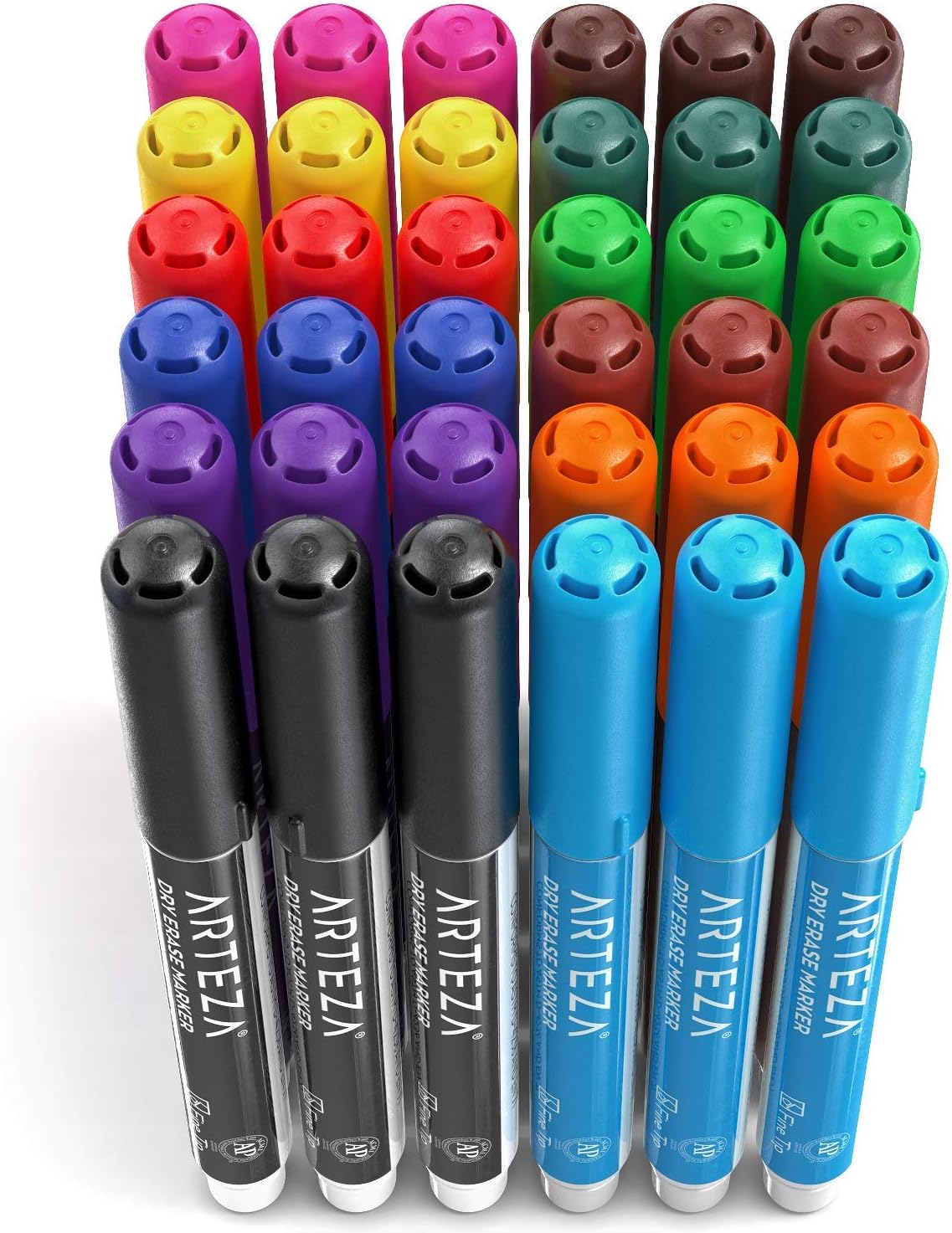 ARTEZA Dry Erase Markers Fine Tip, Bulk Pack of 36 Low-Odor Whiteboard Pens, 12 Assorted Colors for Office, Meeting Rooms & Daily Planning