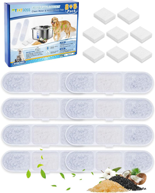 8+8 Pack Dog Water Fountain Replacement Filters Compatible with MAILOFY Dogs Water Bowl Dispenser WF530 9L/2.4GaL, Large Dog Fountain Bowl Filter for Automatic Stainless Steel Pet Fountains