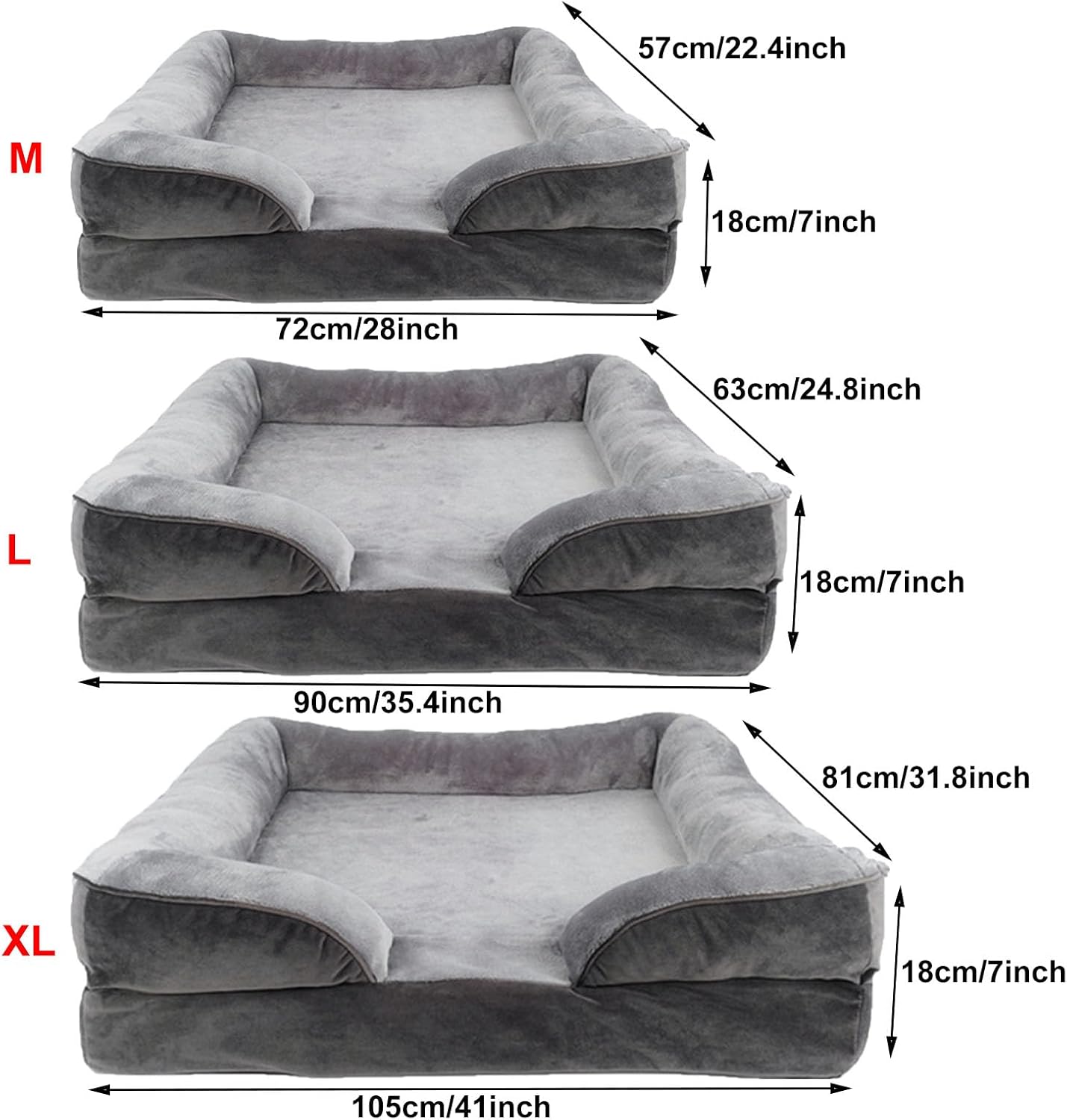 Medium Dog Couch Beds - Washable Orthopedic Dog Beds and Couch with Removable Flannel Zipper Cover (Brown M: 72 * 57 * 18cm/28 * 22.4 * 7inch) (Gray M: 72 * 57 * 18cm/28 * 22.4 * 7inch)