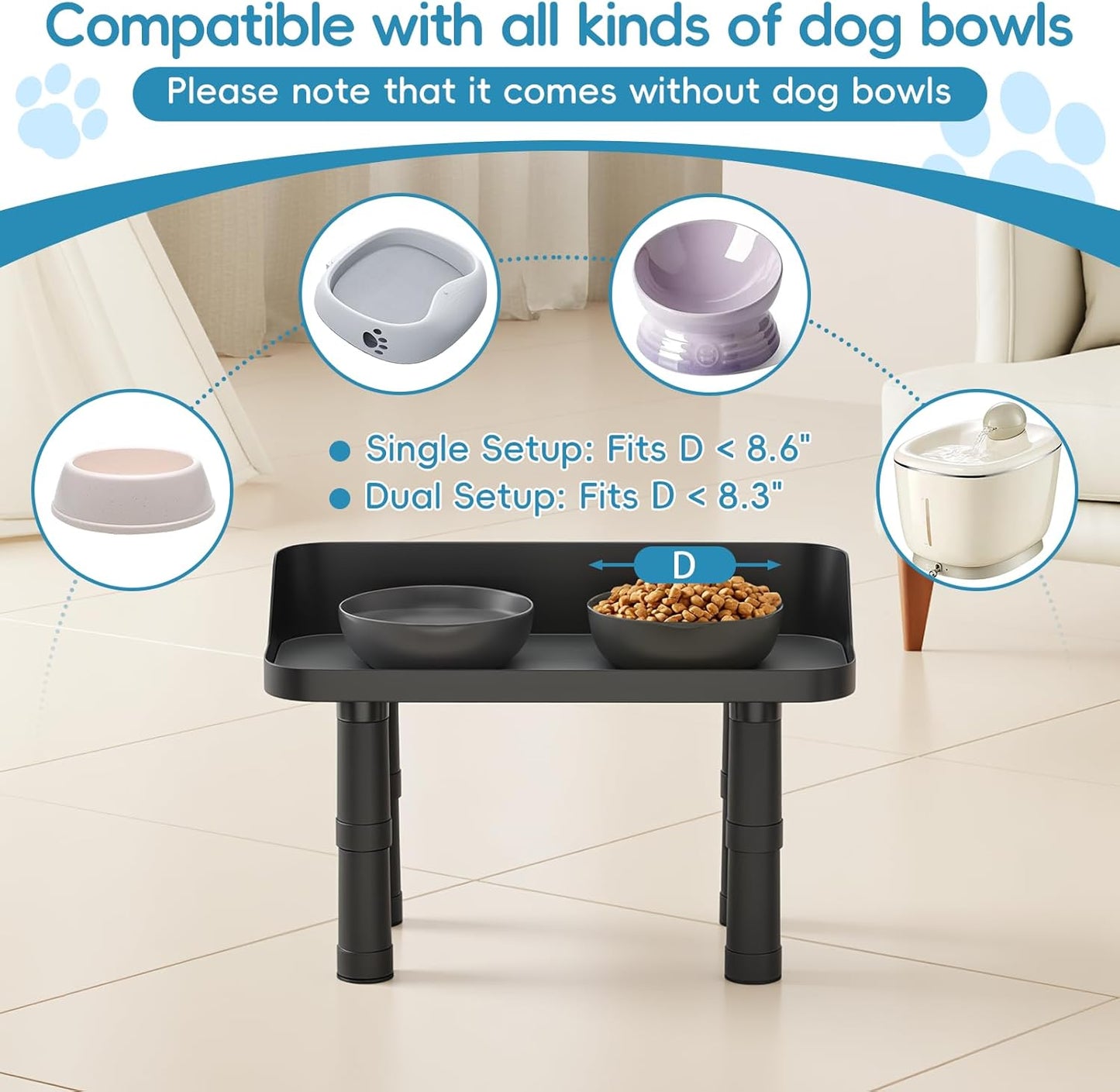 Elevated Dog Food Bowl Stand - Adjuastable Raised Dog Feeding Station with Splash Gard 16" W Pet Cat Food Table for Large Dogs No Bowl Included