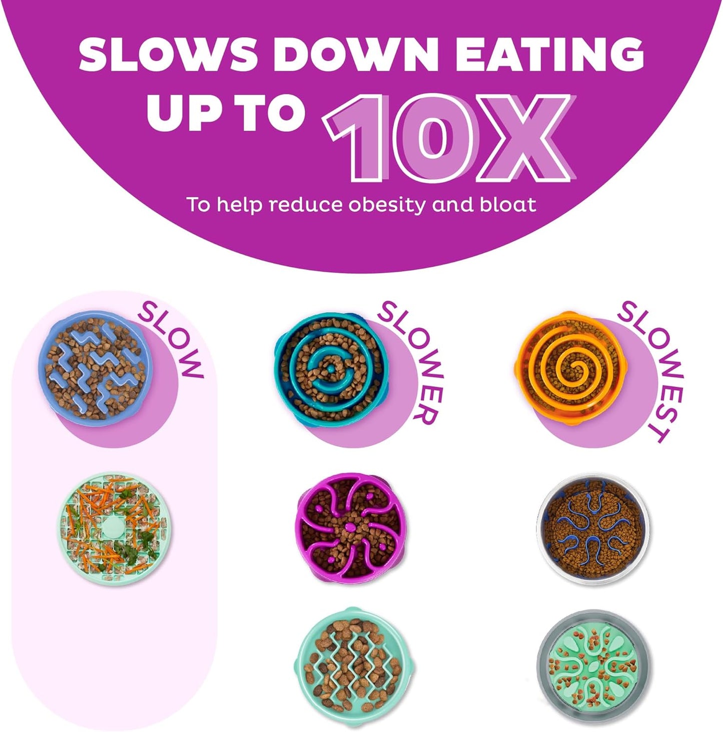 Outward Hound Fun Feeder Slo Bowl Slow Feeder Dog Bowl Bundle, Large/Regular and Medium/Mini, Purple and Turquoise