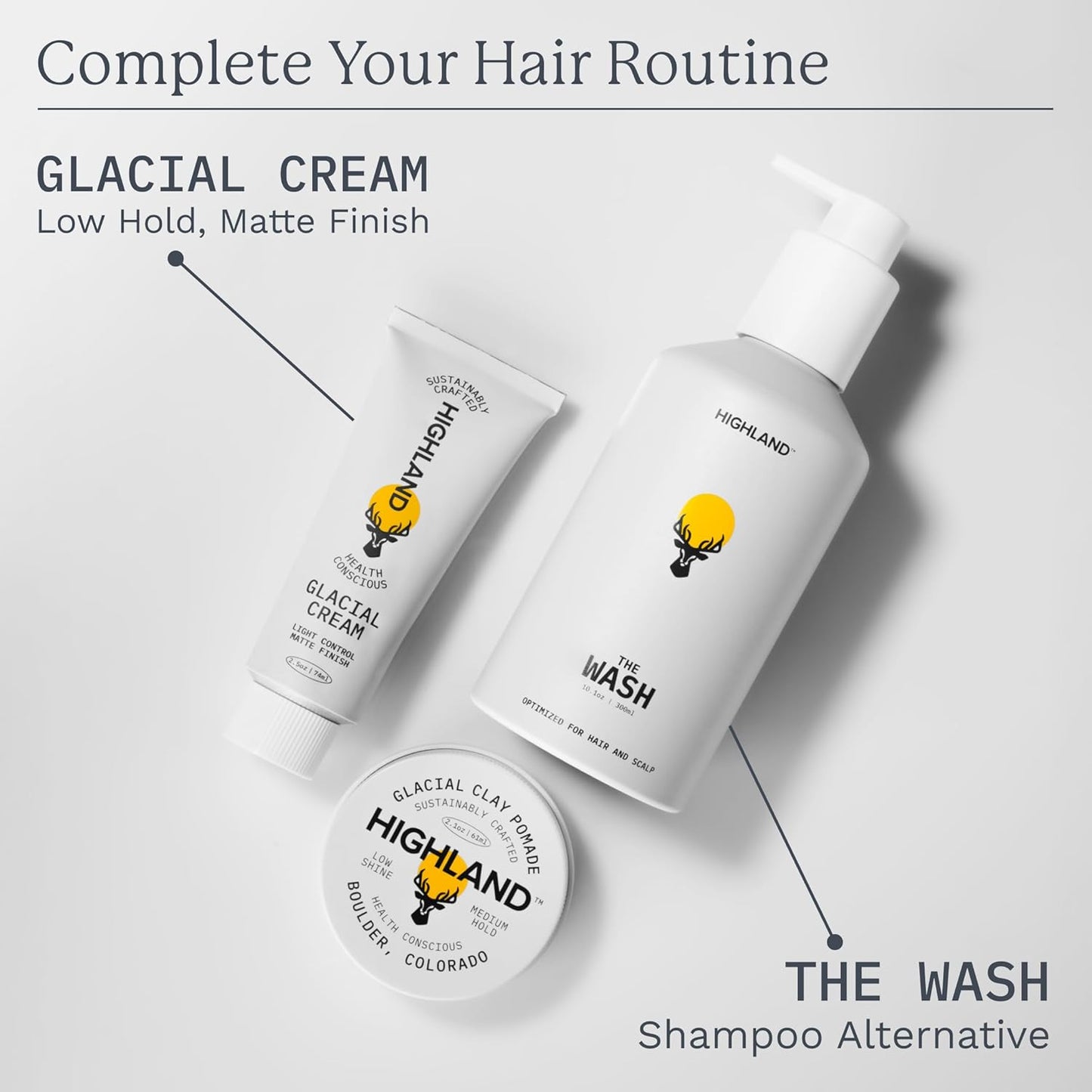 Highland Glacial Hair Clay Pomade - Award winning hair styling clay for men and women made with 100% all natural and organic ingredients that promote hair and scalp health. Low shine, Medium Hold.