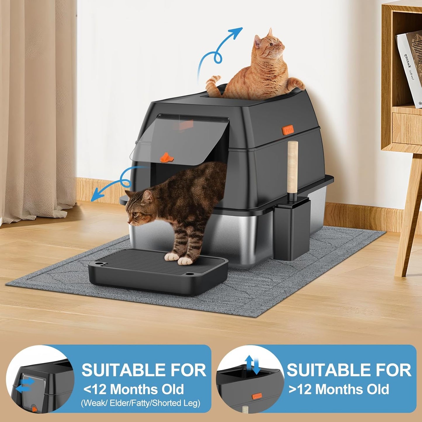 Stainless Steel Litter Box with Lid,Front Entry Top Exit Kitty LitterBox,Extra Large Enclosed Metal Cat Box with Litter Scoop & Litter Mat-Black