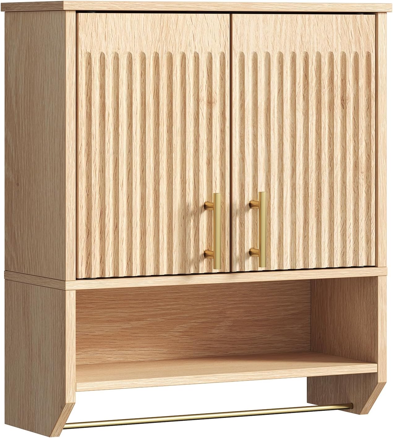 HOOBRO Fluted Bathroom Wall Cabinet, Farmhouse Medicine Cabinet with 2 Fluted Doors, Wall Storage Shelf with Towel Rack, Adjustable Shelf, for Small Spaces, Bathroom, Kitchen, Natural