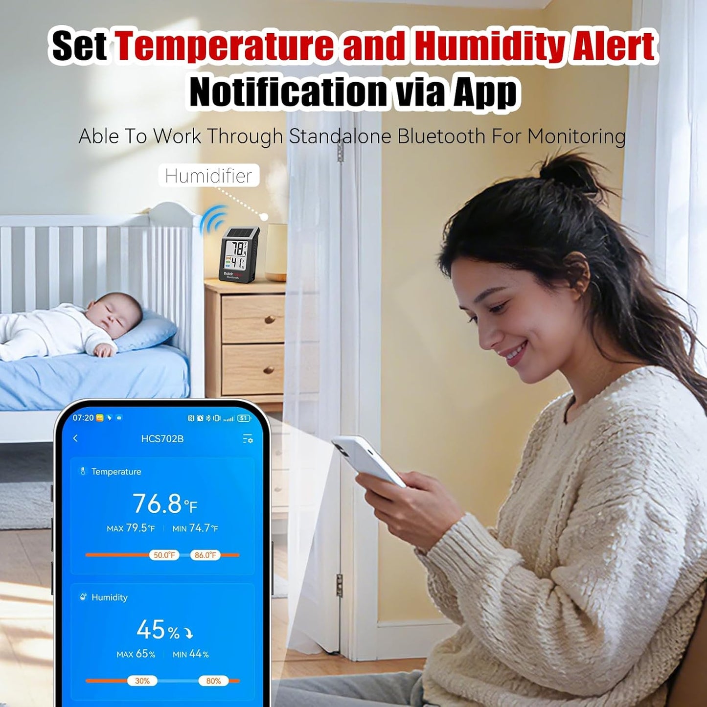 BaldrTherm Bluetooth Thermometer Wireless, Smart Thermometer with App Control, 200ft Coverage, Offline Storage, Trend Charts, Real-Time Alerts for Home, Pet Cage, Indoor/Outdoor Use, White, 3pack