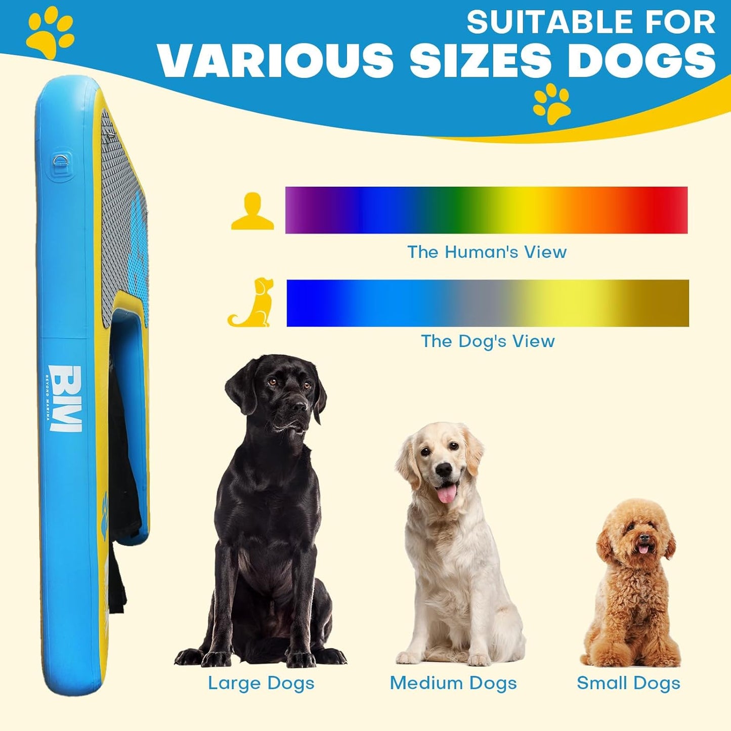 Beyond Marina Dog Pool Ramp - Inflatable Dog Water & Boat Ramp for Lake, Floating Pontoon Dock Ladder with Non-Slip EVA, PUP ON Standard, Extra Large 47" x 39" x 6", Blue/Yellow, Supports 200 lbs