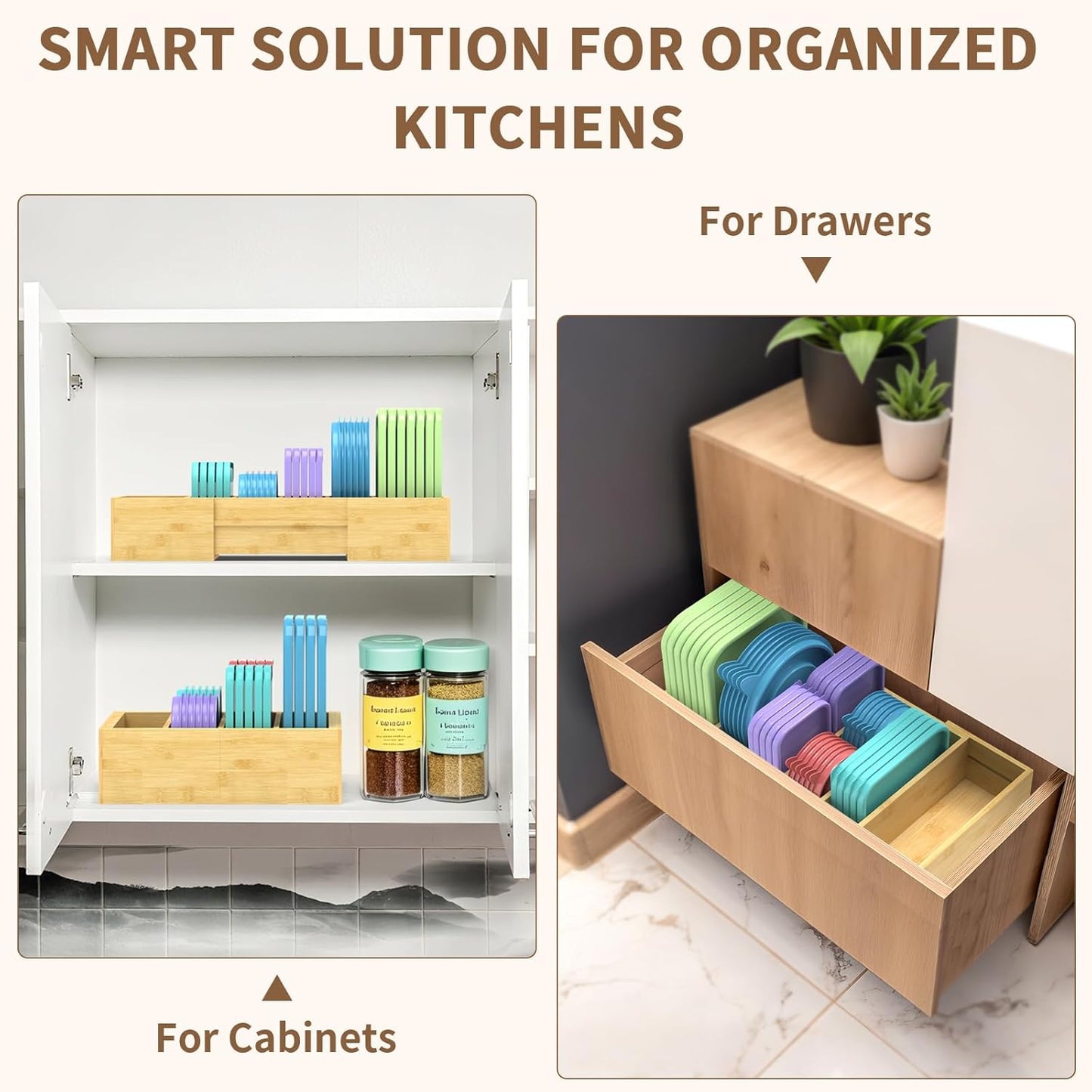 Retro Shaw Large Expandable Kitchen Lids Organizer for Cabinet, Covers, Pantry, Drawer & Countertop Storage, with 3 Adjustable Dividers, Hand-made Bamboo Food Container