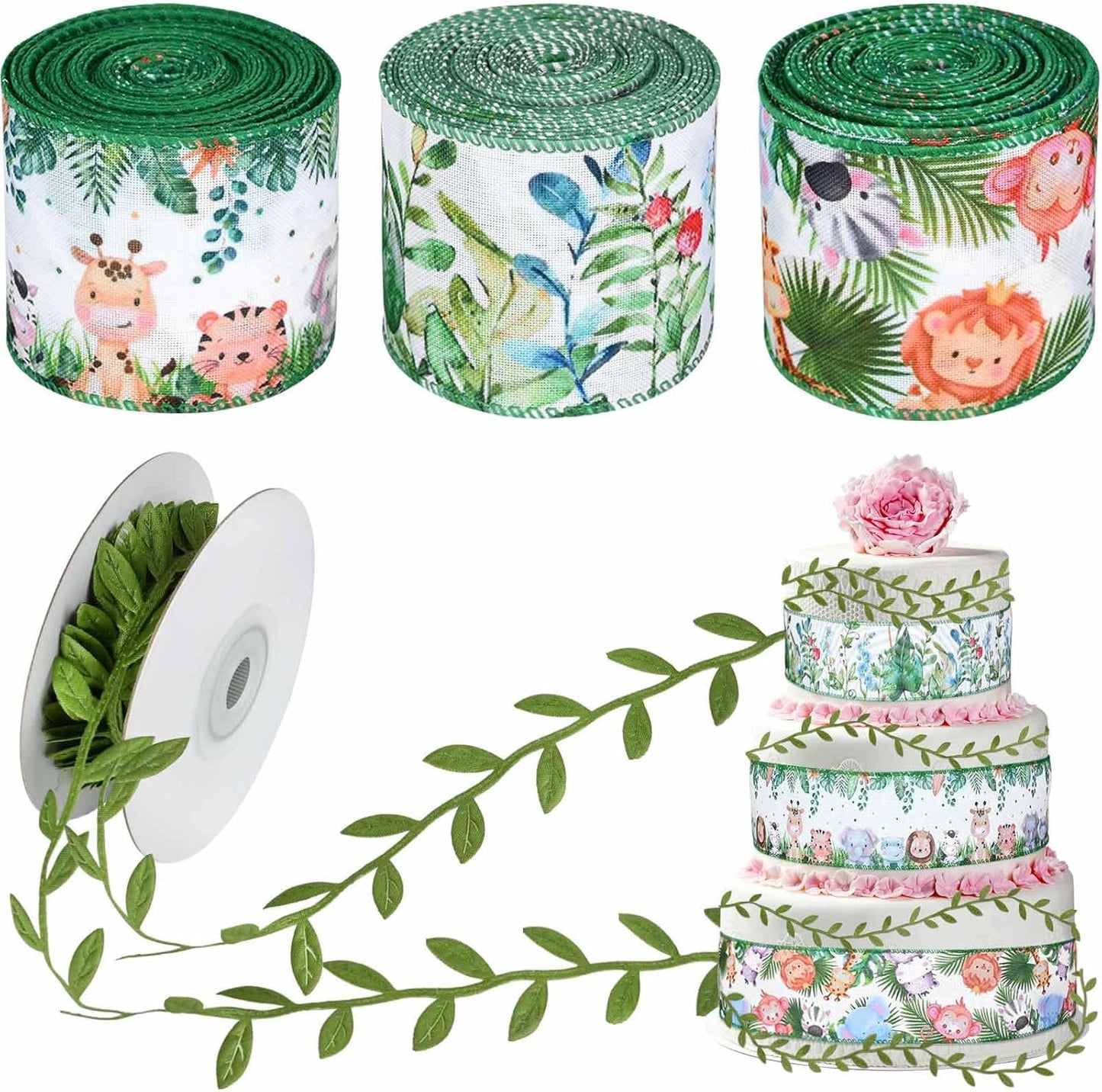 4Rolls 20 Yards Jungle Animal Diaper Cake Wired Ribbon 2.5 Inch Forest Green Leaf Ribbons Cute Animal Print Ribbons for Diaper Wrapping Birthday Baby Shower Craft Supplies