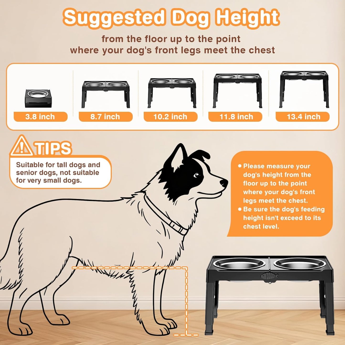 Elevated Dog Bowls Stand with 5 Heights from 3.8" to 13.4", Raised Dog Bowl Suitable for Medium & Large Sized Dogs, Adjustable Pet Food Stand with 2 Stainless Steel Bowls, Foldable Feeder, Black