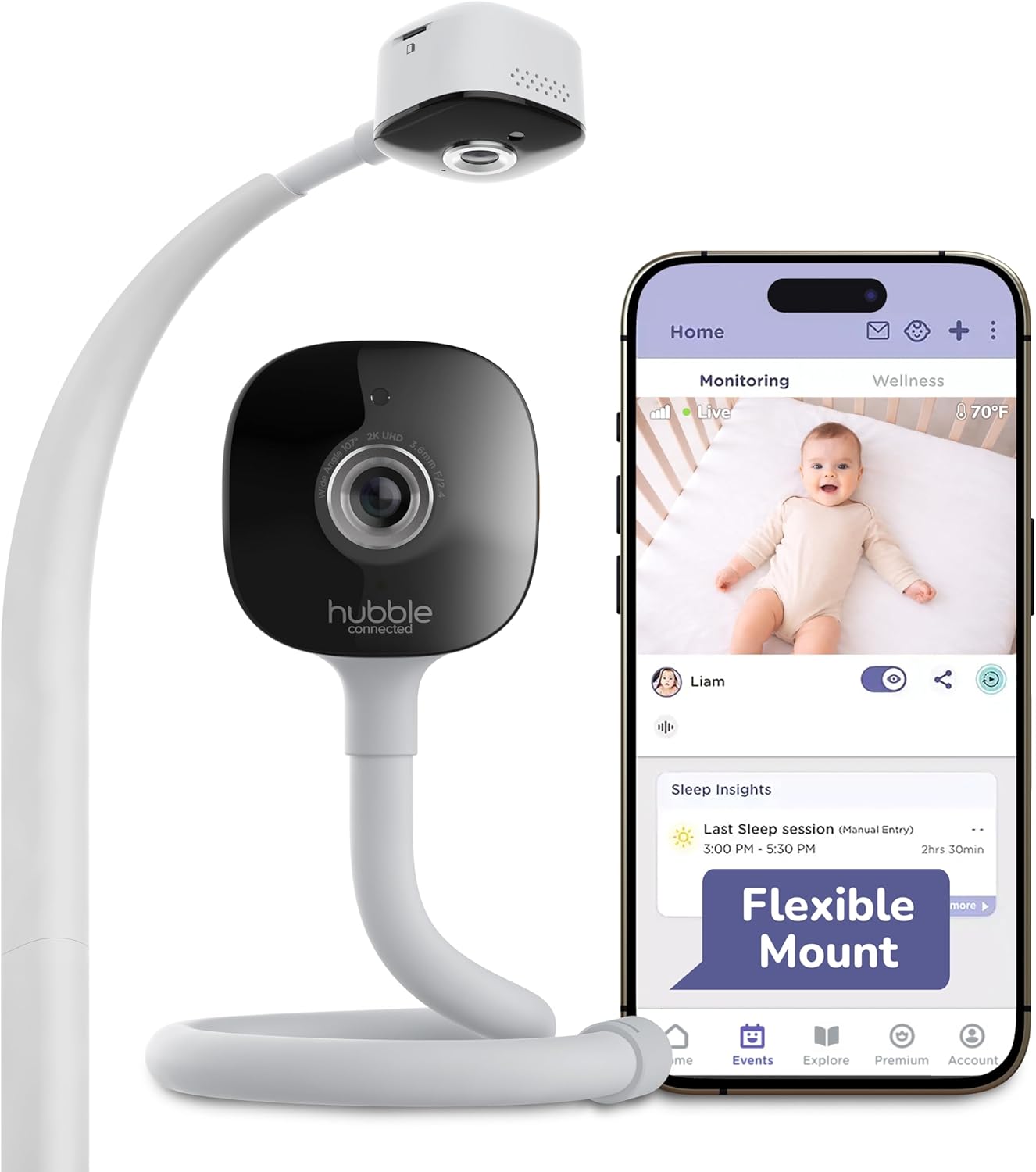HUBBLE CONNECTED GoBaby AI - 2K HD Baby Monitor Camera w/Advanced AI Monitoring, Covered Face & Rollover Detection, True Cry Alerts, Sleep Training & Smart Soother — w/Flexible Mount