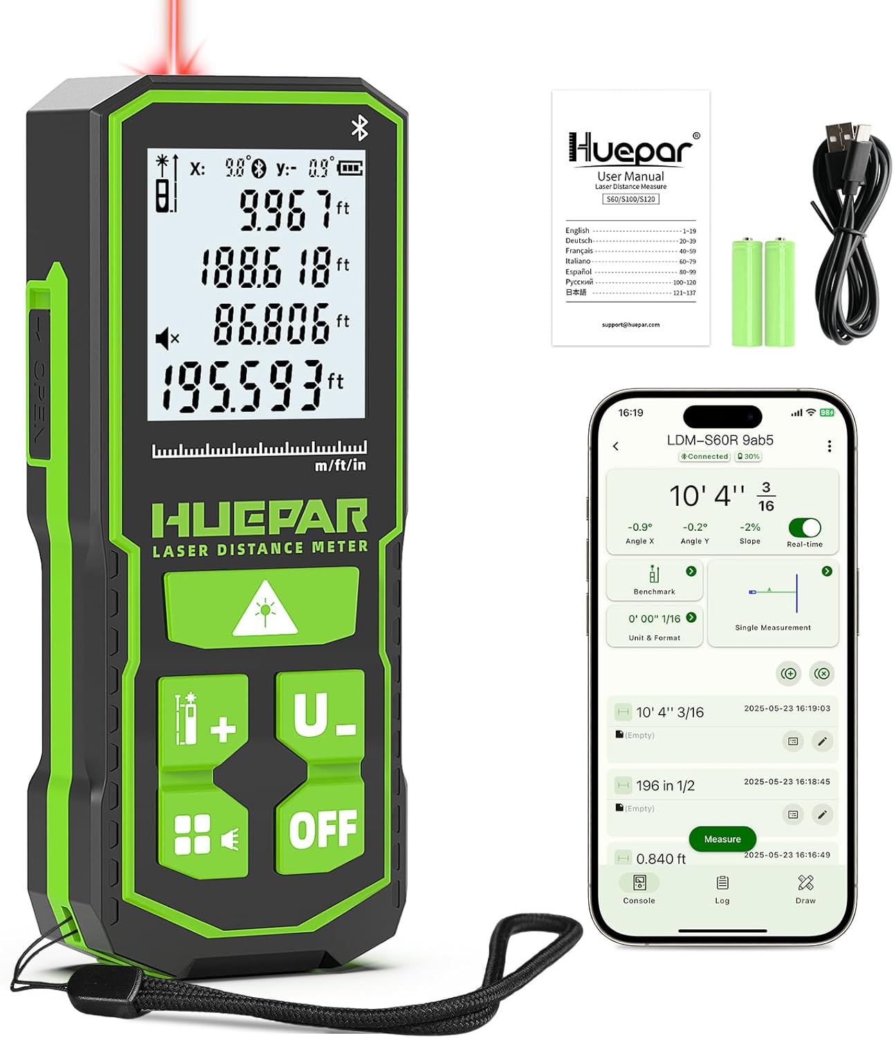 Huepar Laser Distance Measure 200Ft. Digital Rechargeable Laser Measuring Tool with Bluetooth -Phone APP, 1/16in Accuracy, Angle Sensor, M/in/Ft Unit, Pythagorean Mode, Measure Distance, Area, Volume