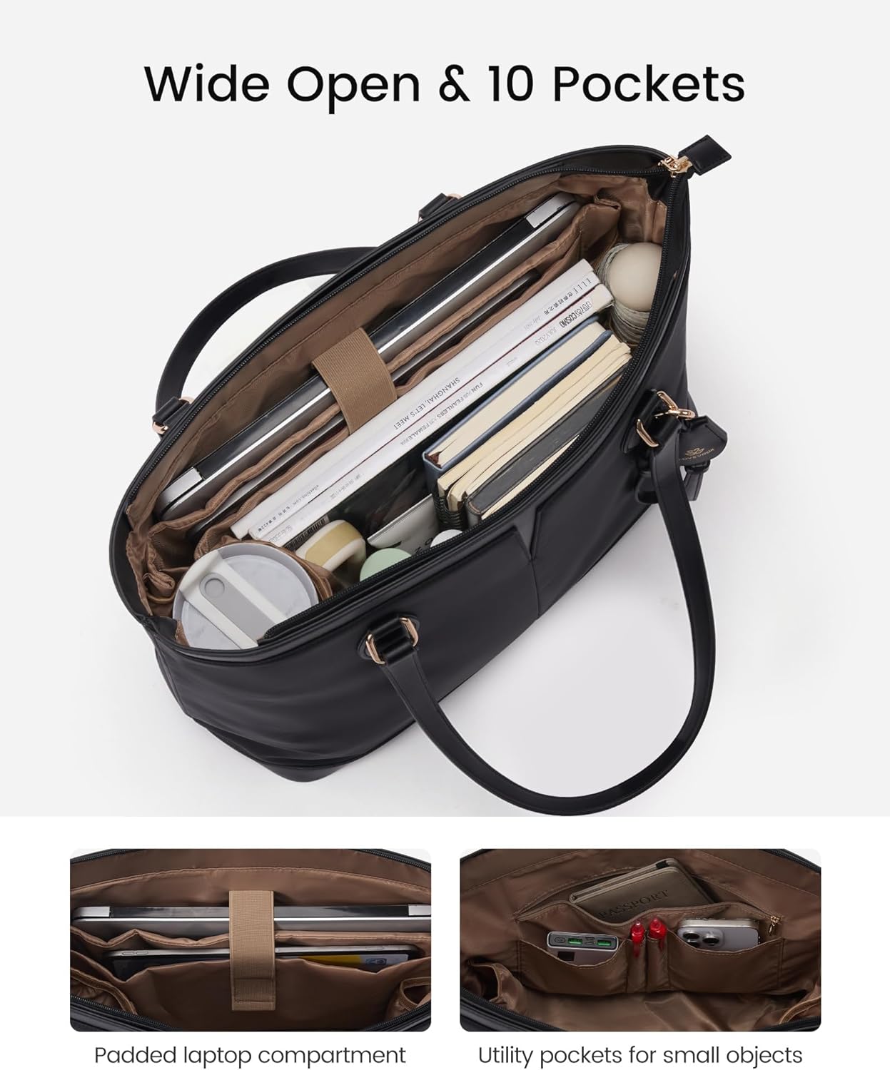 LOVEVOOK Laptop Tote Bag for Women, Lightweight Work Tote with Cup Holder, Waterproof Large Computer Bag for Office Travel
