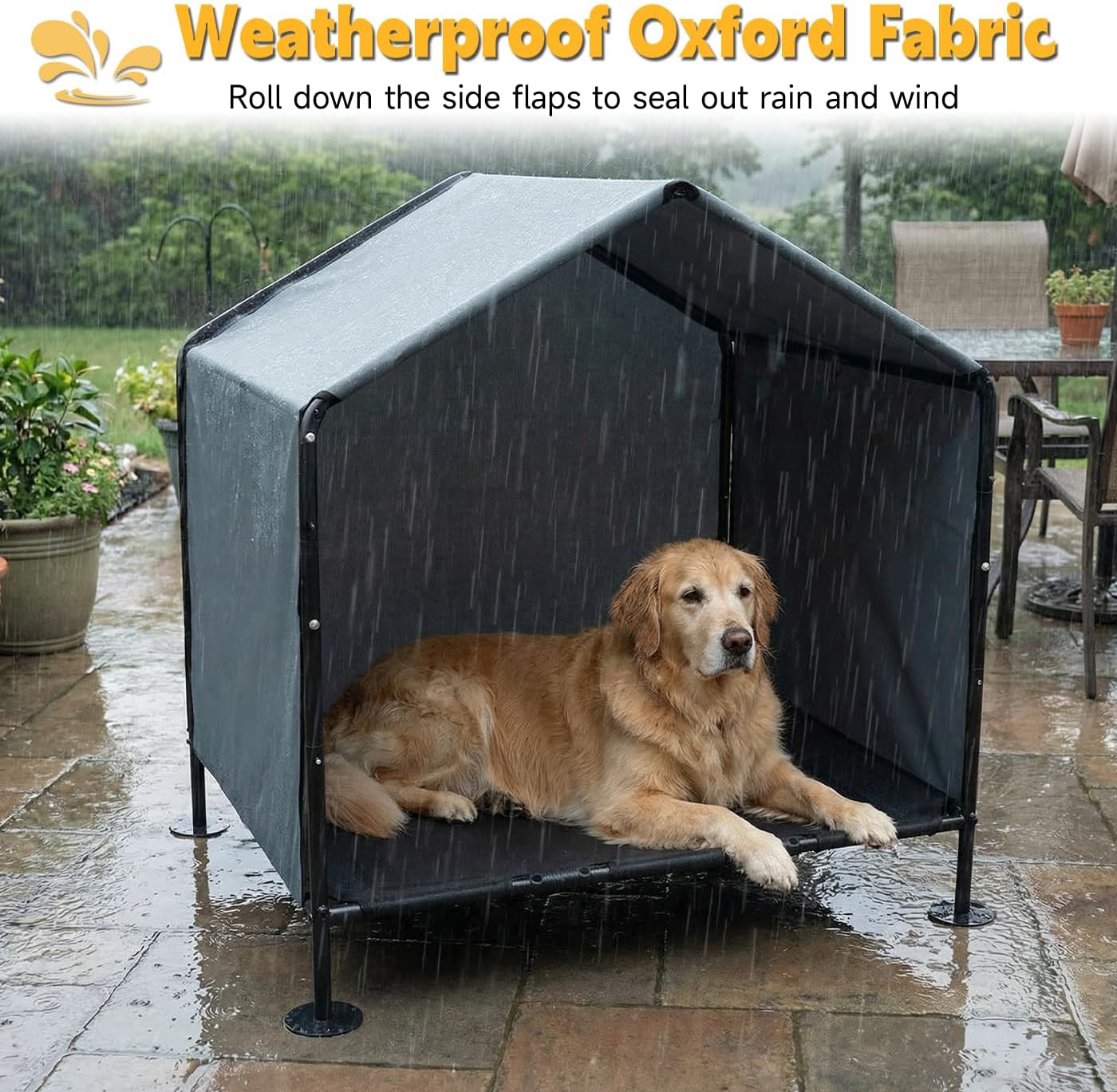 Outdoor Dog House for Large Dogs, Raised Dog Bed with Removable Waterproof Shade Cover, Portable Pet Shelter for Camping, Patio & Yard