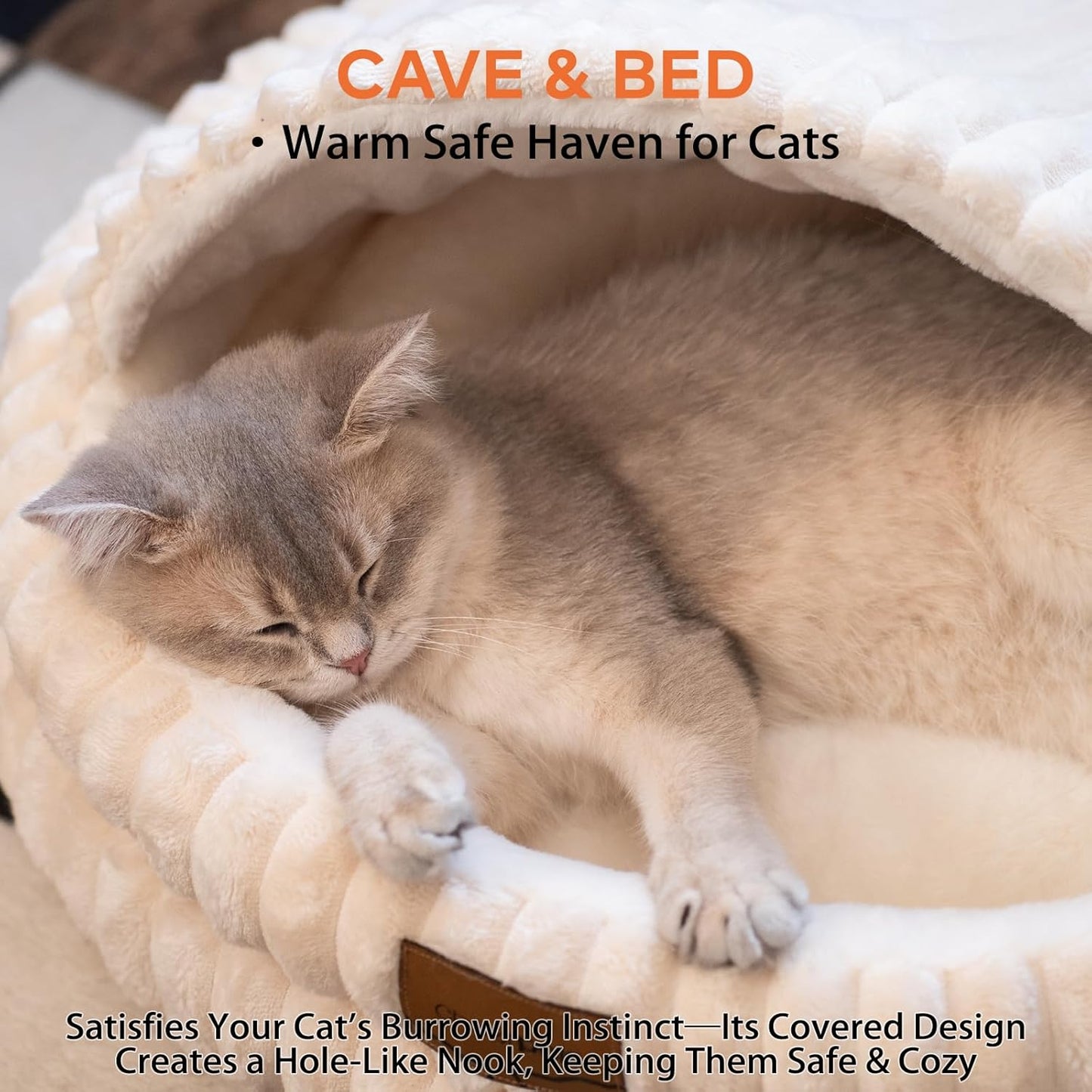 CHEERPALS Cat Cave Bed for Indoor Cats, Washable Covered Cat Bed Hooded Kitty Bed Soft Fluffy Pet Bed for Puppy and Small Dog(White)