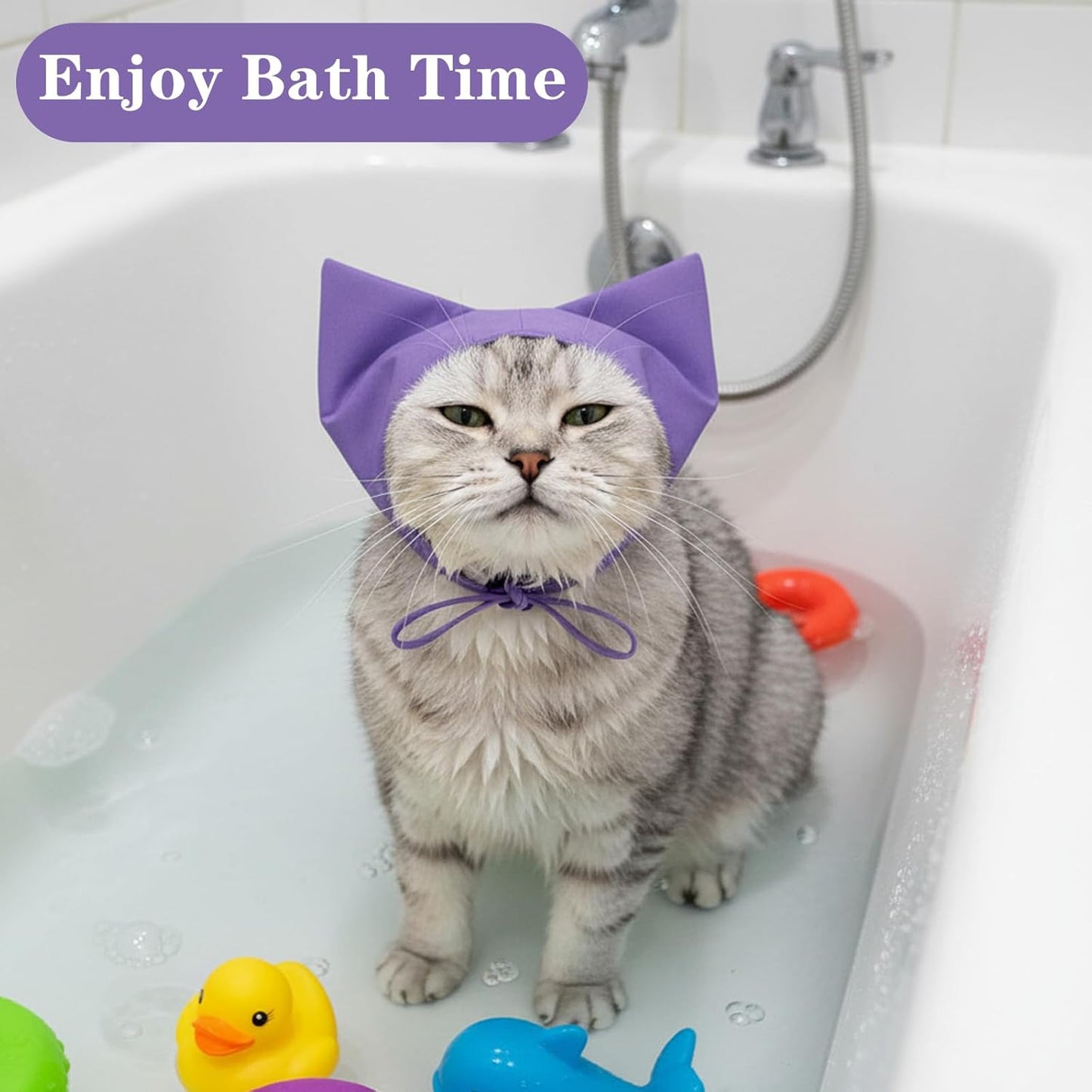 Waterproof Pet Shower Cap – Adjustable Cat Bath & Dog Shower Ear Protector for Kittens, Puppies, Small Pets (Purple)
