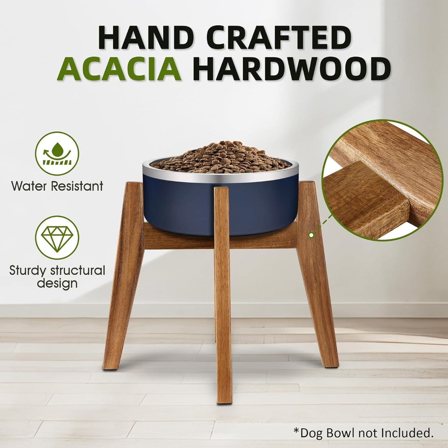 Elevated Dog Bowl Stand for Medium & Large Dogs, 11" Tall Raised Dog Bowl Stand Fits Up to 9" Bowls, Solid Acacia Wood Dog Bowl Holder, Single Elevated Dog Feeding Station (Stand Only)
