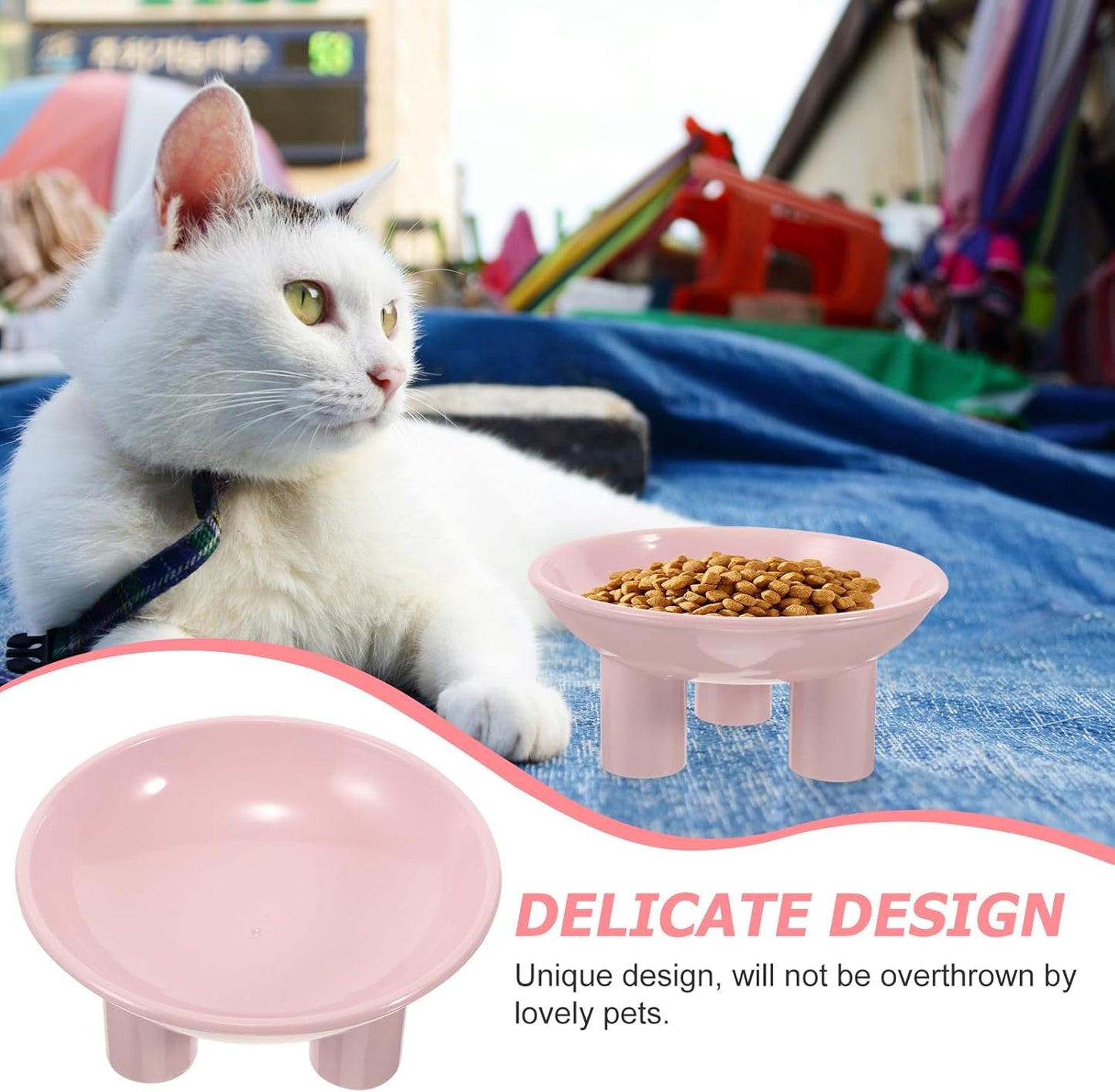 Elevated Cat Bowl and Raised Pet Food Dish, Ergonomic Wide Opening Tilted Plastic Feeder, Three-Leg Stand for Neck Support, Pink Raised Feeding Bowl for Cats and Dogs