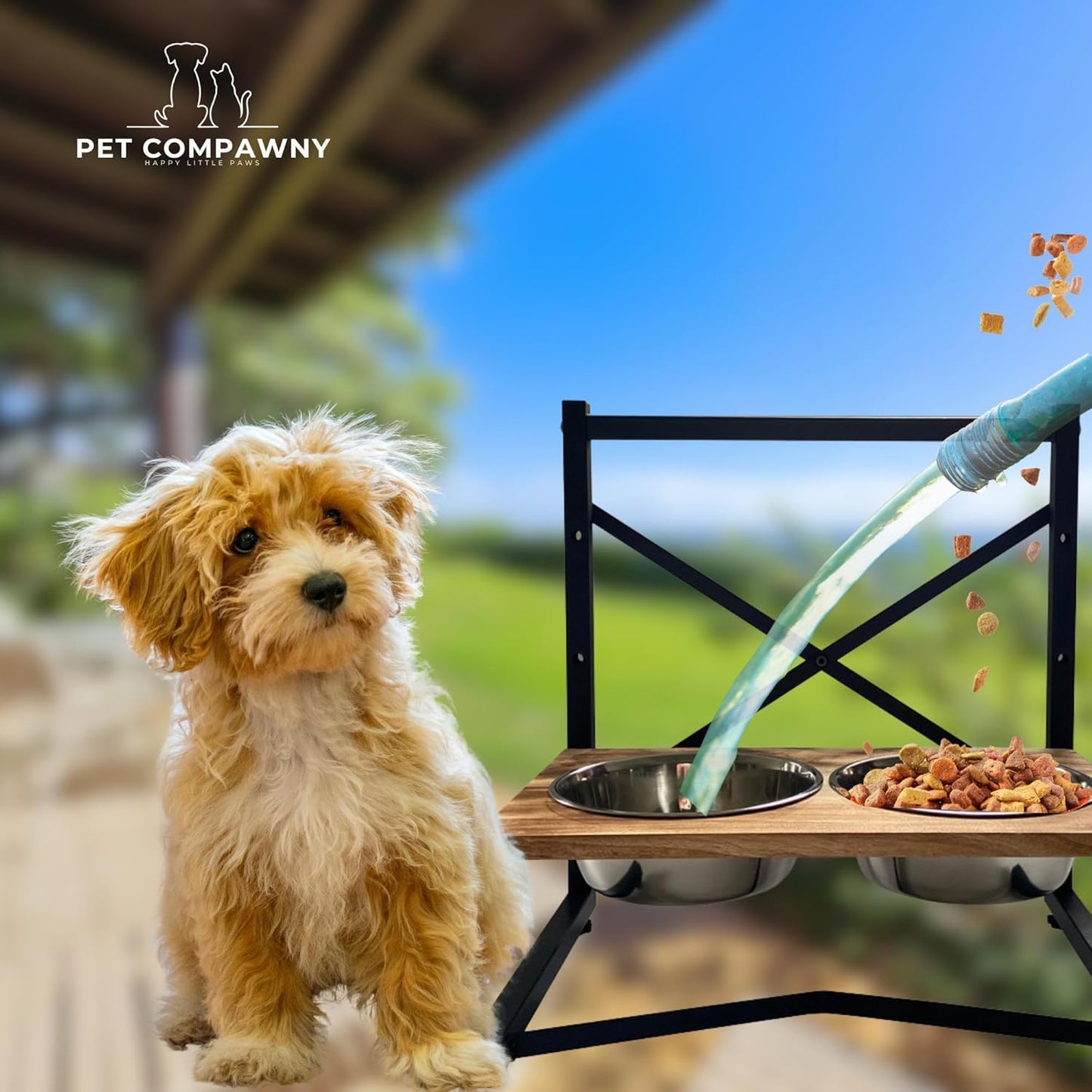 Pet Compawny Elevated Dog Bowl, Adjustable, 3 Heights with Stainless Steel, Raised Stand for Food and Water, Perfect for Dogs and Cats, Easy to Clean, Wood and Metal Frame, Modern Design