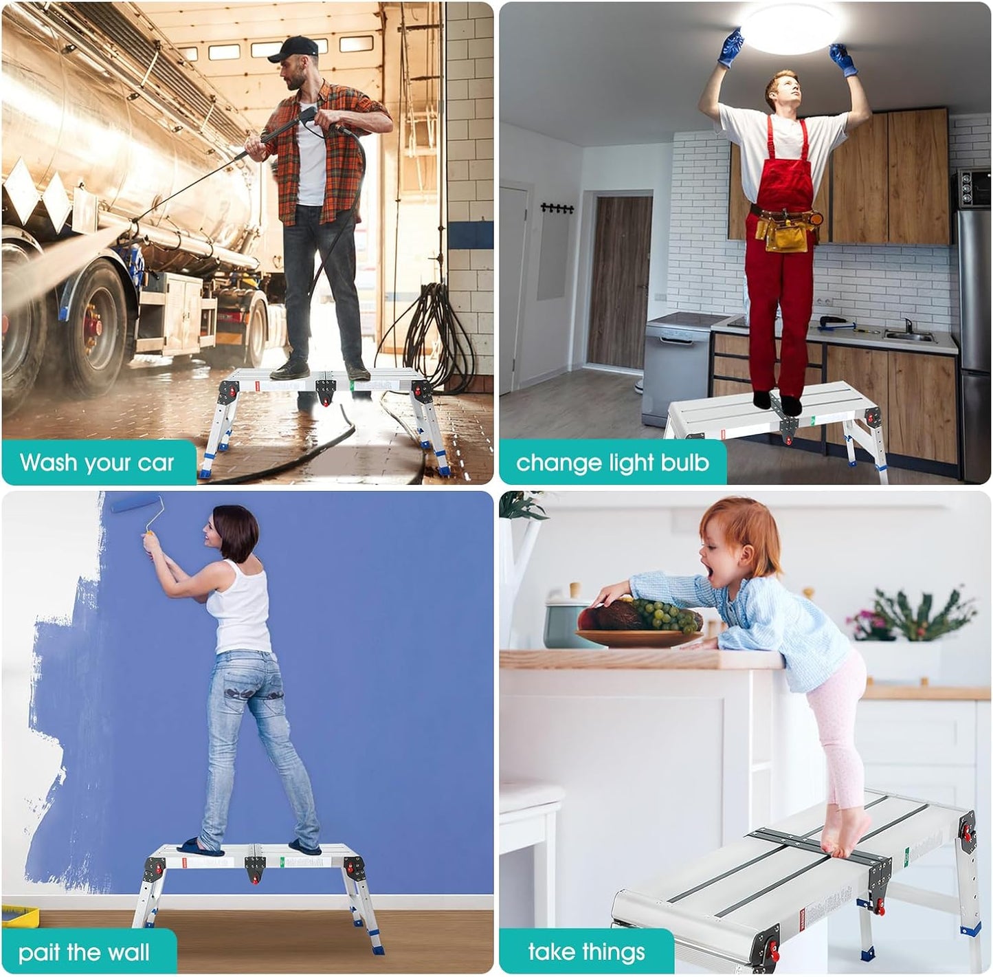 LEADALLWAY Work Platform Height Adjustment 33"(L) x12(W) x20(H) Step Stool Aluminum Platform Ladder with One-Touch Automatic Fold 330 Lbs Capacity