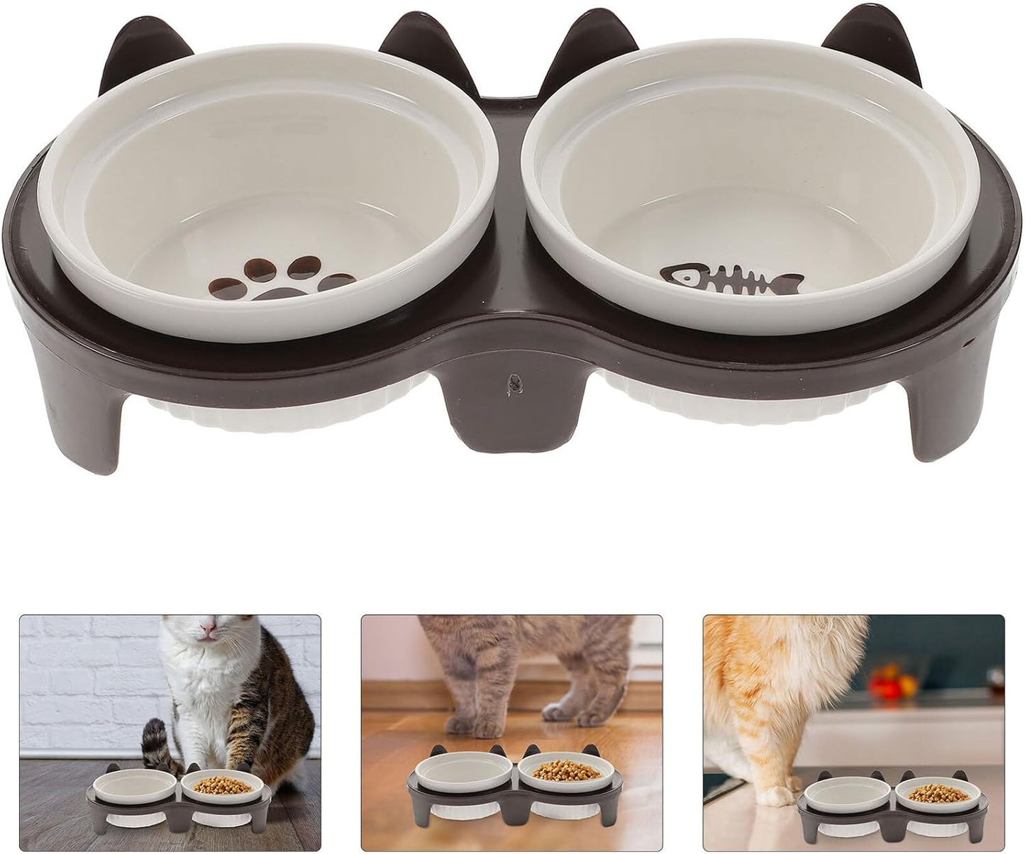 FAVOMOTO Elevated Ceramic Cat Food and Water Bowls with Stand, Neck Protection Footed Pet Feeding Bowl for Cats and Kittens, Brown Thickened Anti-Breaking Holder Suitable for Home Use