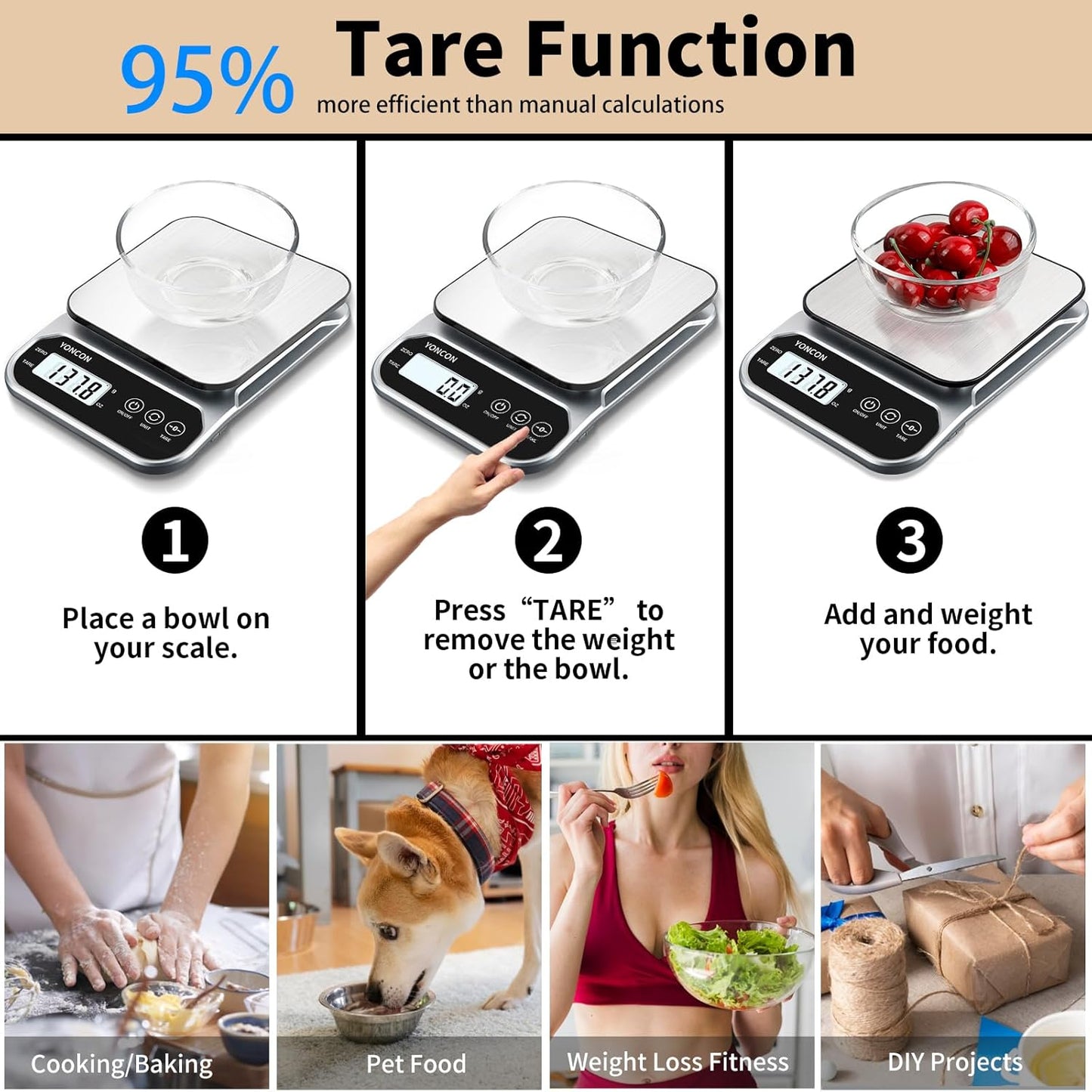 Smart Food Scale Digital Weight Grams and Oz, 3kg/0.1g Kitchen Scale for Weight Loss, Cooking, Baking, Super Accurate, Easy to Clean and Store, Tare Function (Batteries Included)