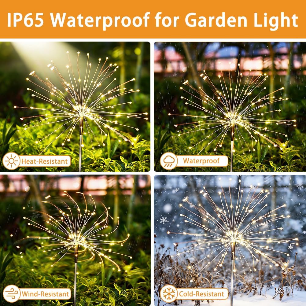 Solar Fireworks Lights for Outside, 150LED 8 Modes Fireworks Solar Lights Outdoor, Fairy Garden Flowers for Yard Pathway Wedding Party Christmas Diwali Garden Decor 2Pack (Warm White)