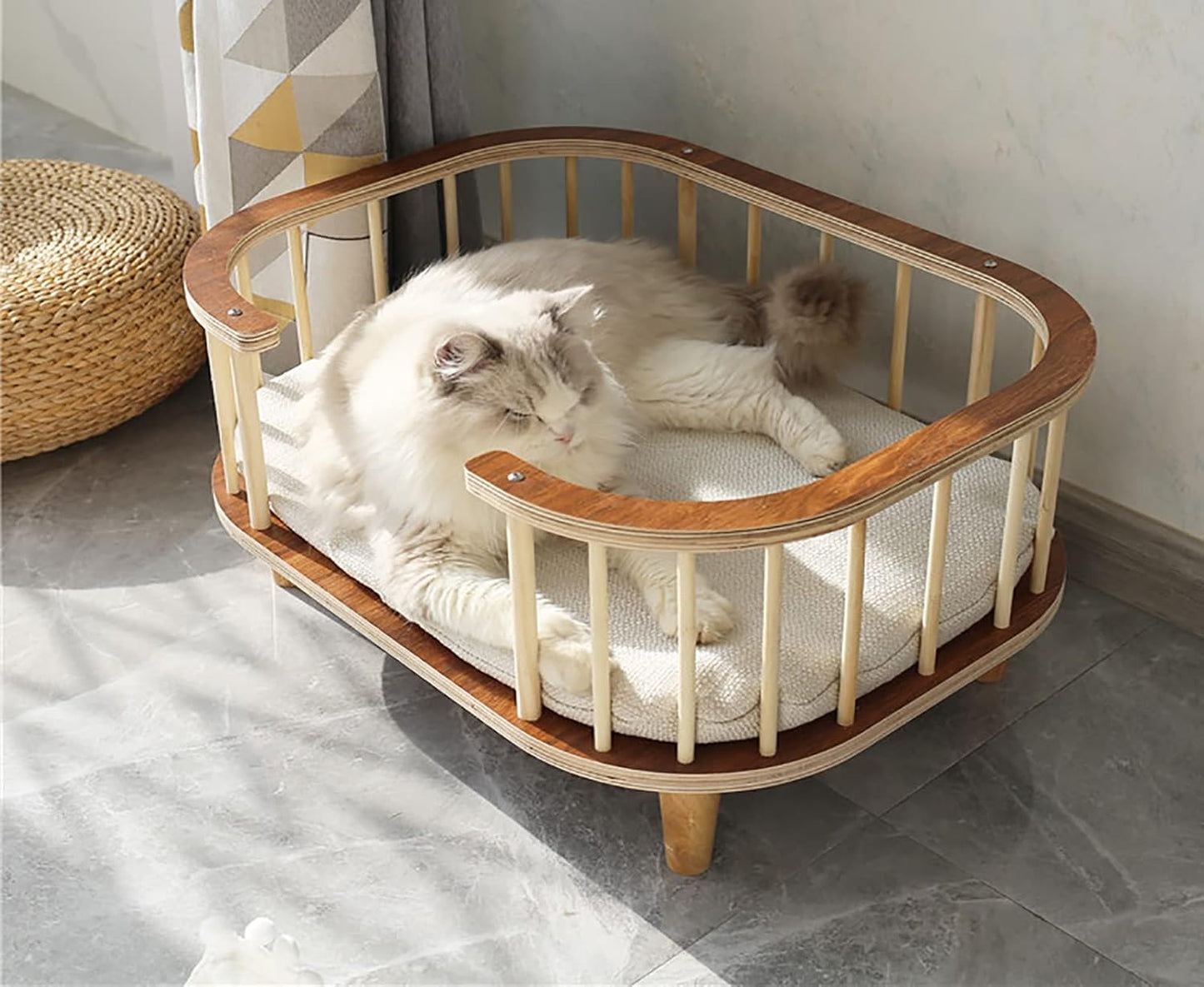 Pet Bed Retro Small Cats with Mattress, Portable Orthopedic Joint Relief Wood Frame Couch, Easy Assemble, for Pets Within 30 Kg / 66 Lbs