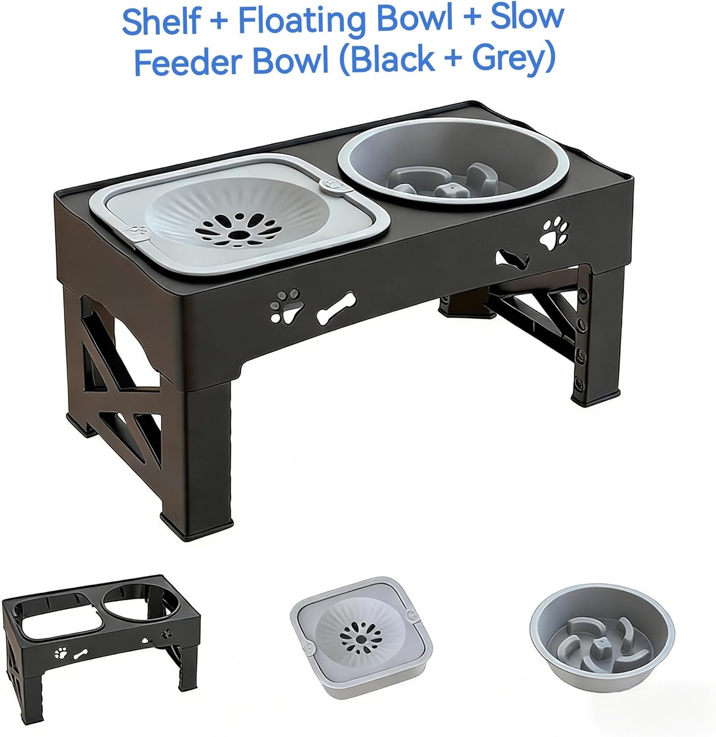 Kaiyue 2-in-1 Elevated Slow Feeder Dog Bowls Stand with No Spill Water Bowl, 5 Height Adjustable Raised Dog Bowls ，Non-Skid Pet Food Feeding Set for Small to Large Dogs