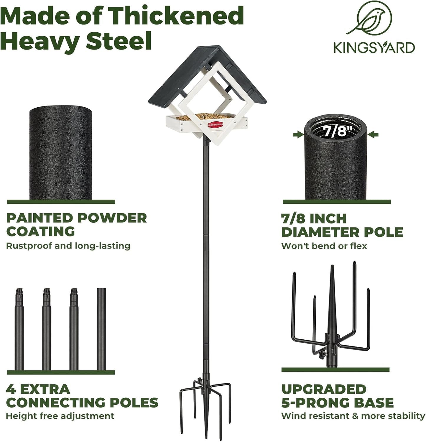 Kingsyard Large Platform Bird Feeder with Metal Mesh Tray, Pole Mount Adjustable Bird Feeders with Weather Protective Top, 4 lbs Seed Capacity, White