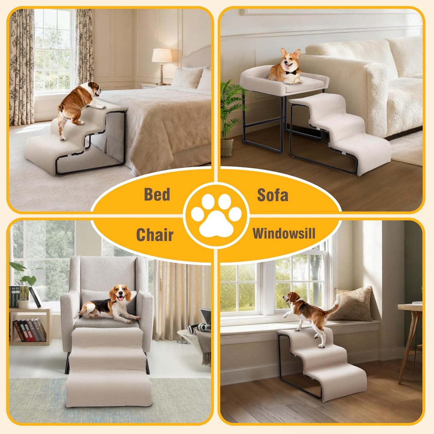 3-Step Pet Stairs with Soft Cushions for Small & Medium Pets Easy Climbing to Bed, Chair, Sofa, Windowsill Sturdy & Safe Design (Pet Stairs Only)