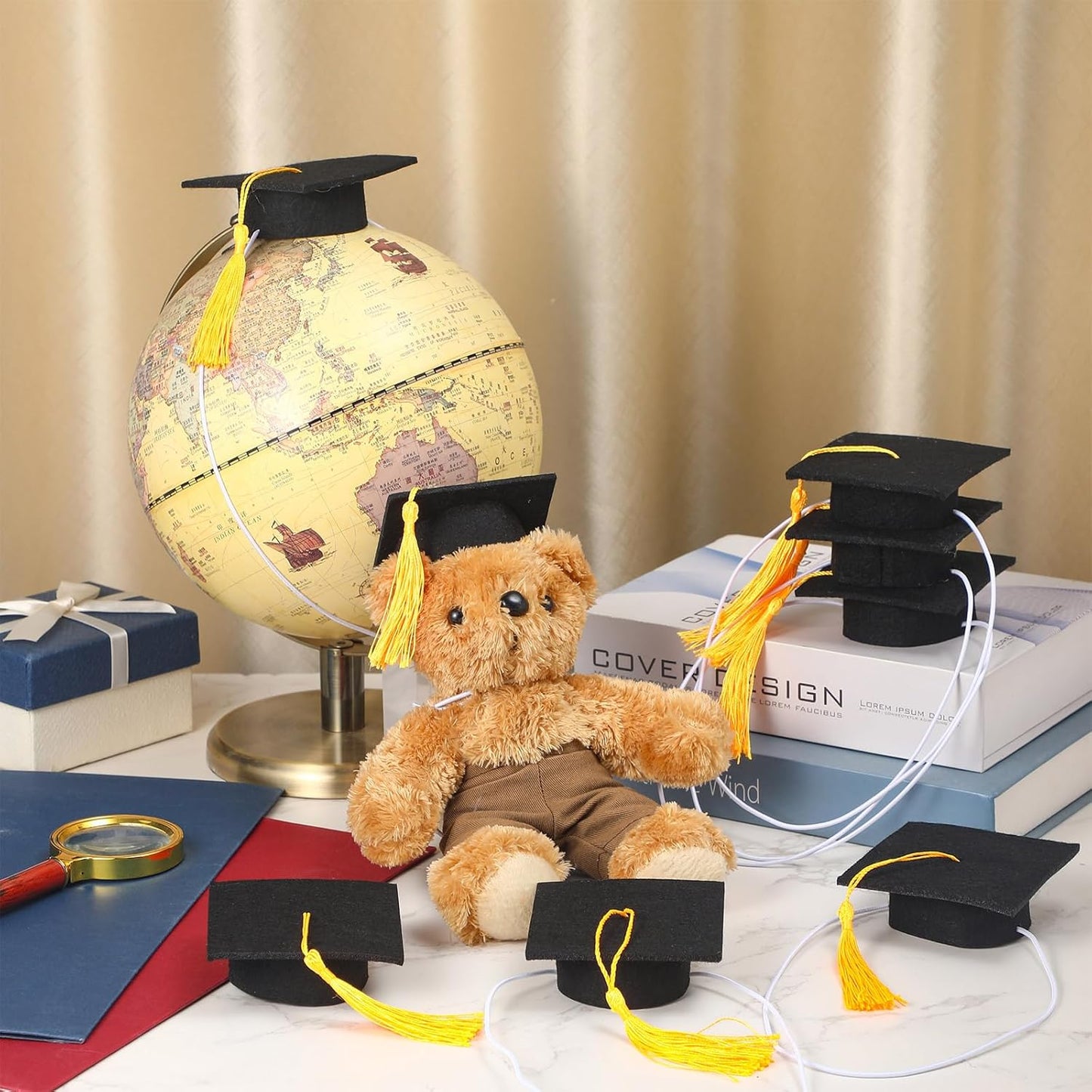 12 Pcs Mini Graduation Cap with Tassel Mini Plush Mason Jar Small Animal Bachelor Hat Photo Prop Party Supply