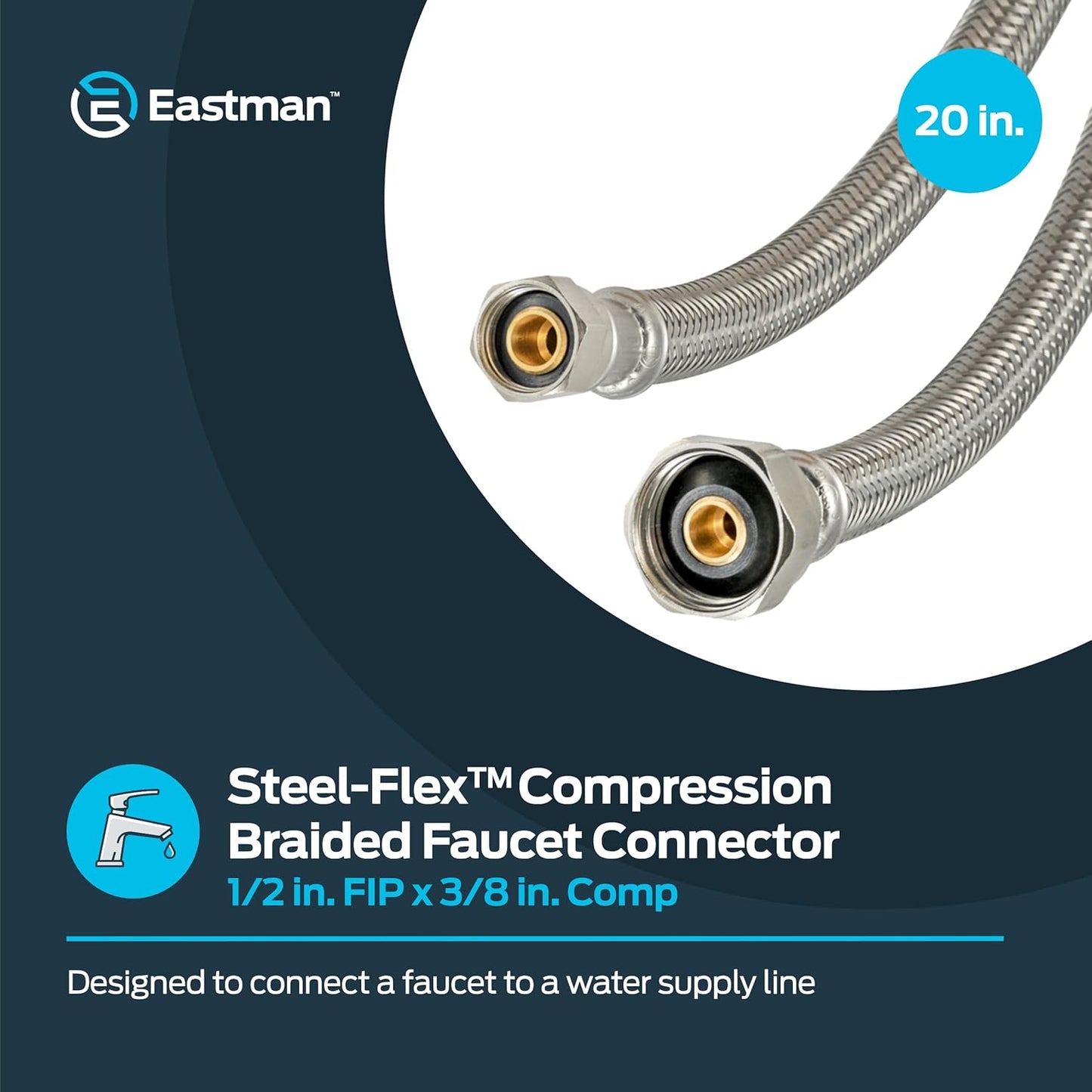 Eastman 20 inch Steel-Flex Braided Faucet Connector, 1/2 Inch FIP x 3/8 Inch Compression, Stainless Steel Faucet Supply Line, 48005N