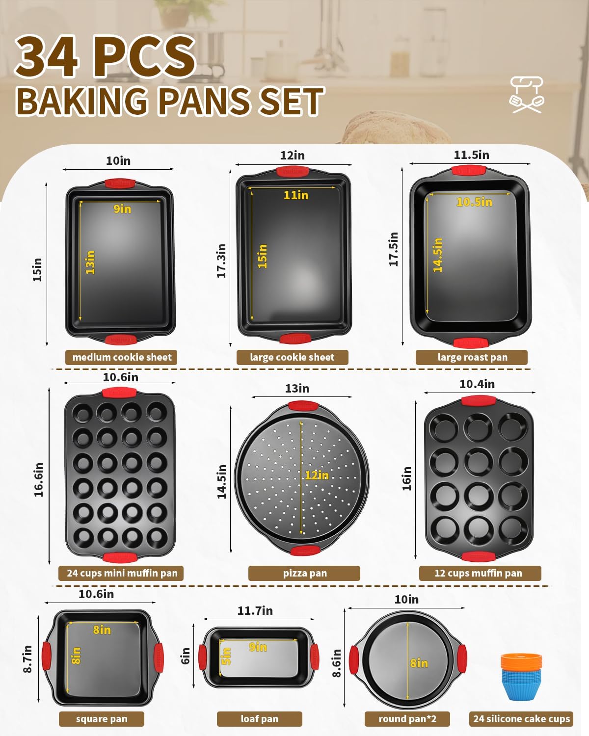 Baking Pans Set with Silicone Handles, 34 PCS Nonstick Bakeware Sets, Oven Pan Set Includes Baking Tray, Cookie Sheet, Cake Pans, Loaf Pan, Muffin Pan, Pizza Pan