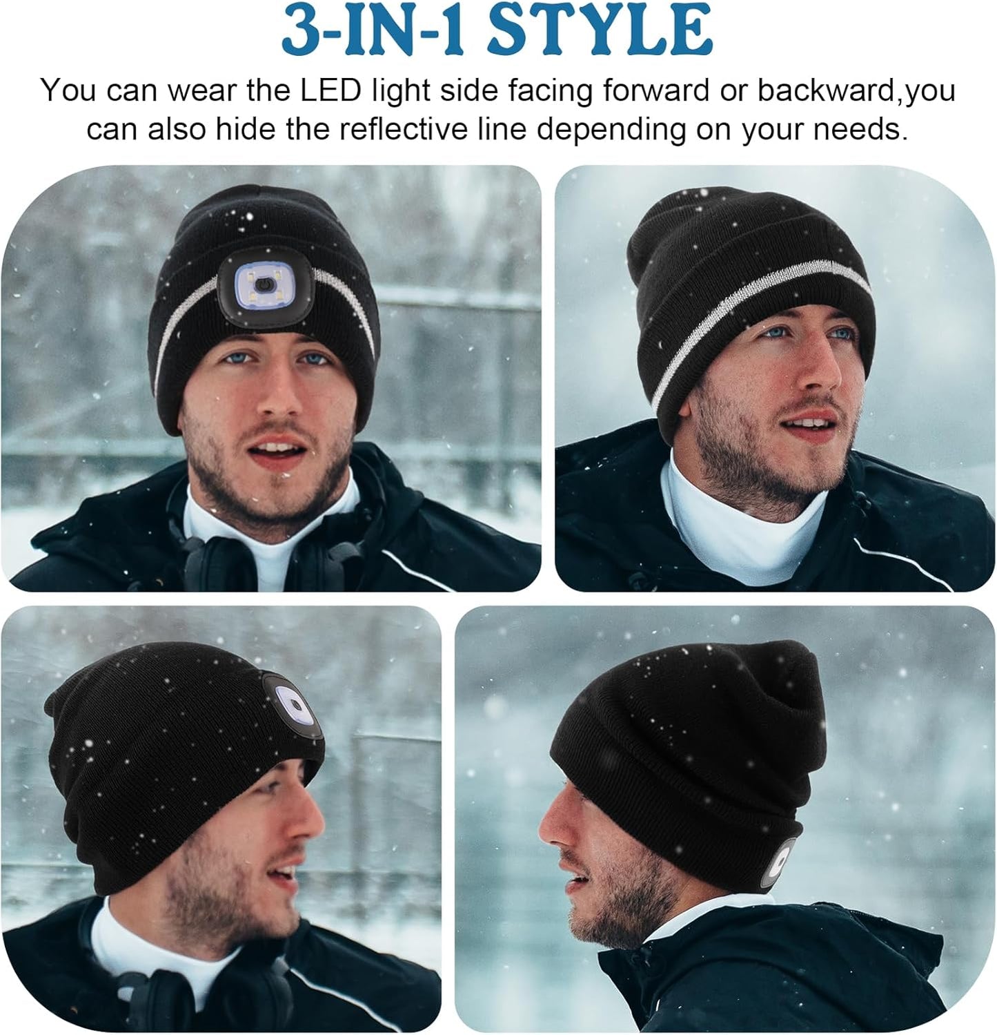 MELASA Reflective Stripe LED Beanie Safety High Visibility Winter Hat with Light for Outdoor Work Sports Gifts for Men Dad