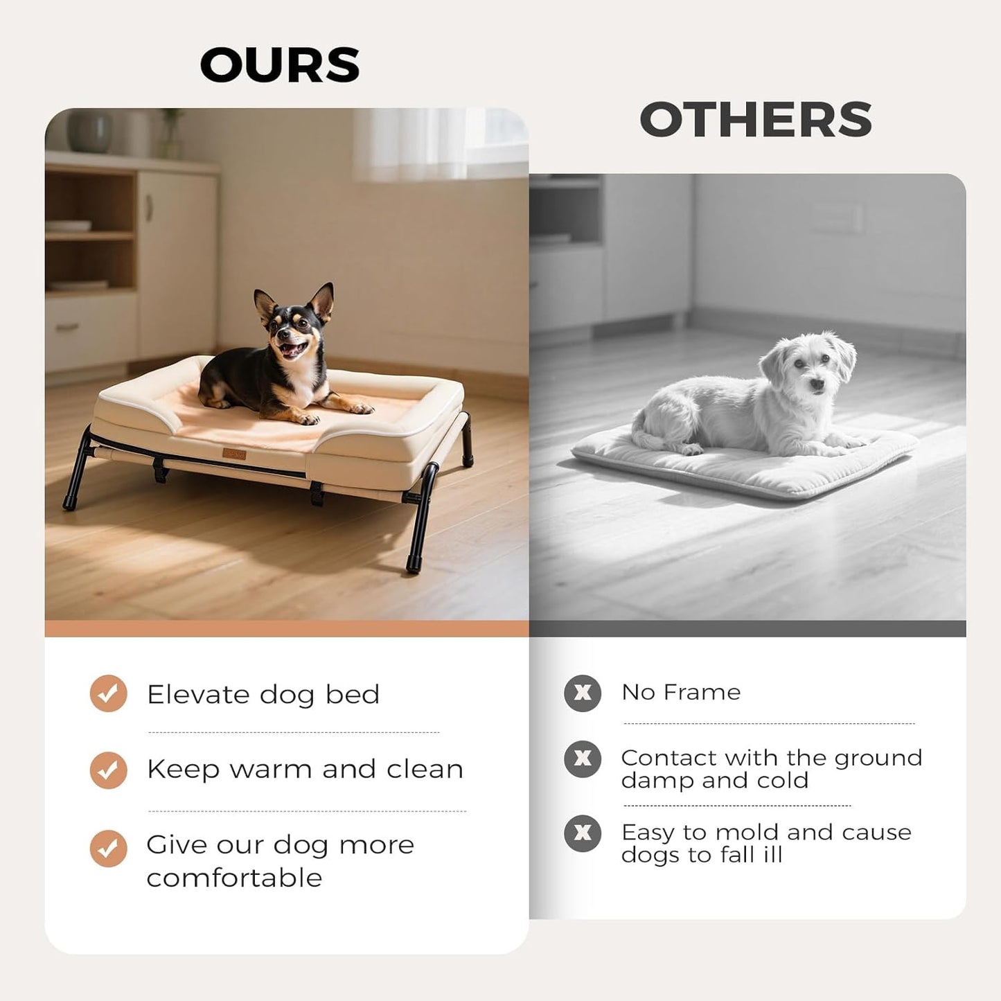 Lekereise Raised Dog Bed for Small Dog 32x25 Inch, Orthopedic Pet Beds with Waterproof Egg Crate Foam, Removable Dogs Couch Bed for Indoor Outdoor, 2-in-1 Design, Load 40lb, Beige