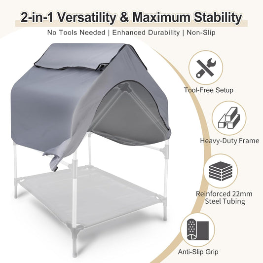 49" Large Elevated Dog House for Outdoor & Indoor Use, Weatherproof 600D PVC Fabric, Breathable Mesh Windows, Textilene Elevated Dog Bed, Easy Clean Dog Cot for Large Dogs