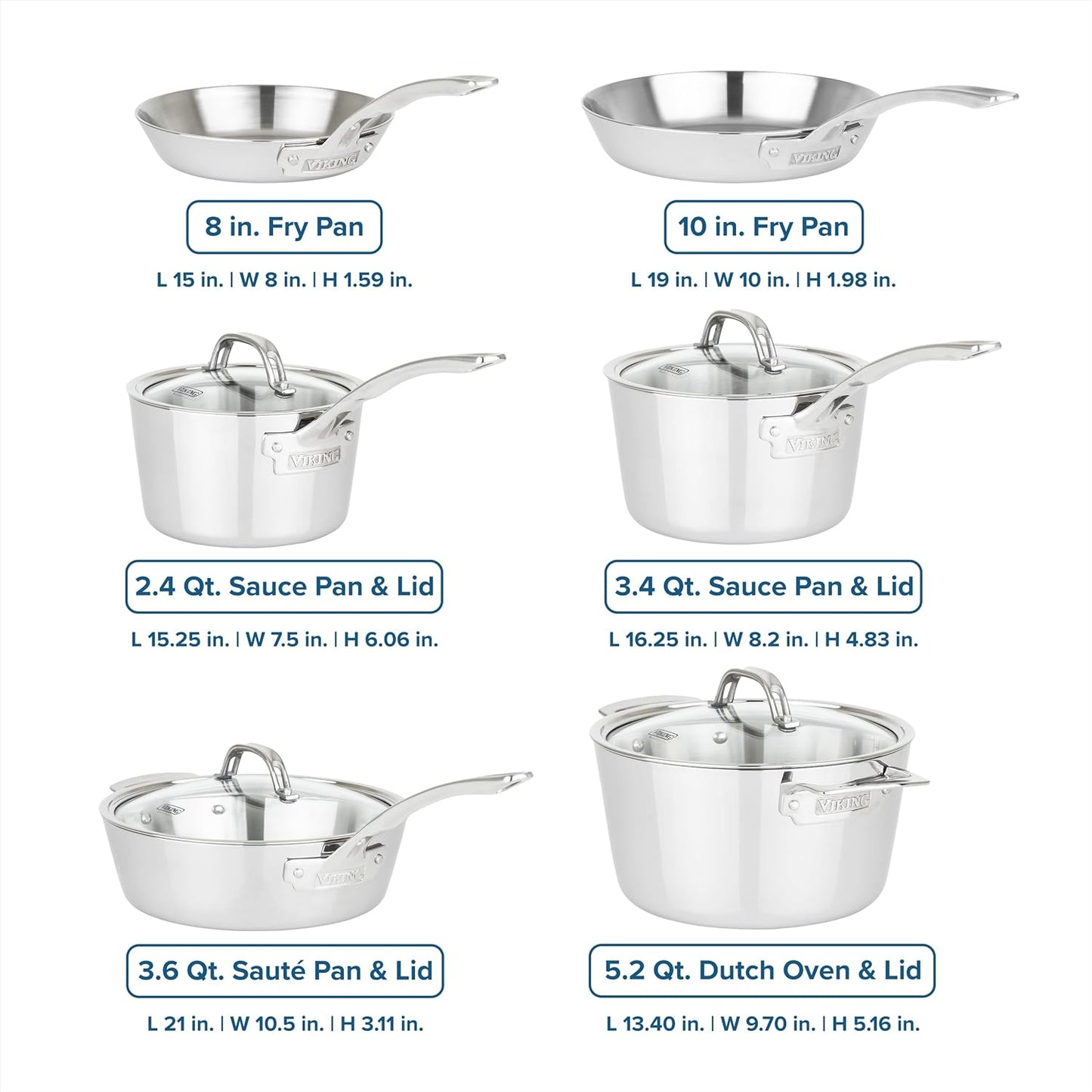 Viking Contemporary 3-Ply Pots and Pans Set, 10 Piece Stainless Steel Kitchen Cookware, Silver