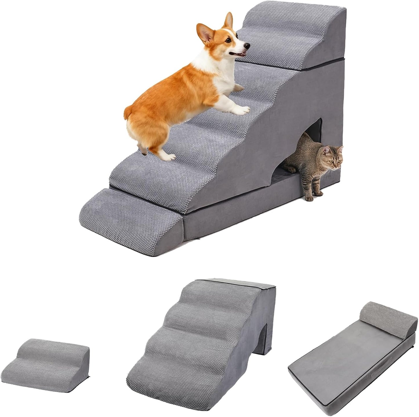7-Step Extra Tall Dog Steps, Pet Stairs Ramp for 30 to 36 Inch Tall Bed Couch, Anti-Slip Bottom & Soft Foam Pet Ladder for Small Dogs and Cats, Grey